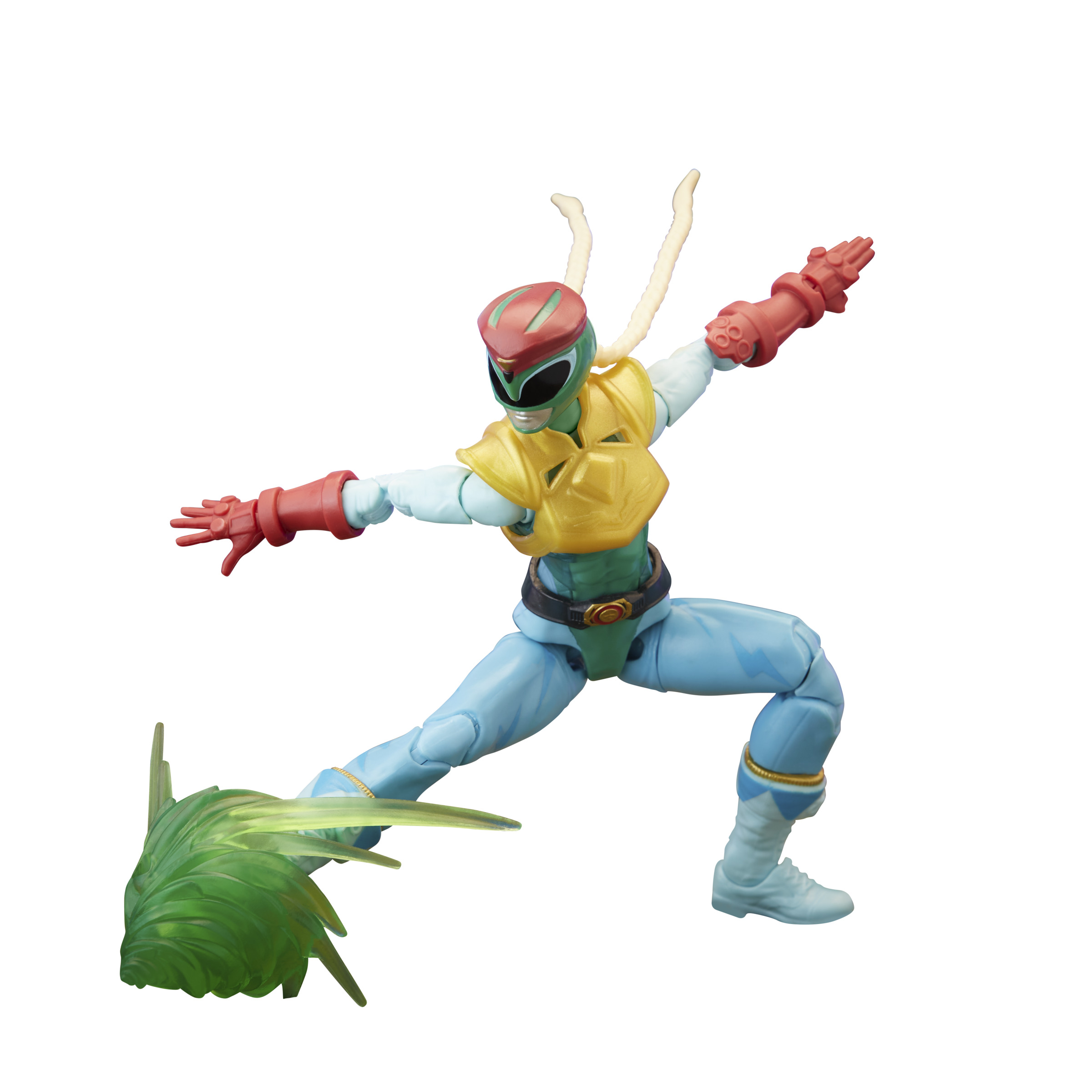 Figura de acción de Power Ranger verde, azul y rojo en pose de acción. Pecho verde, mangas rojas, piernas celeste.