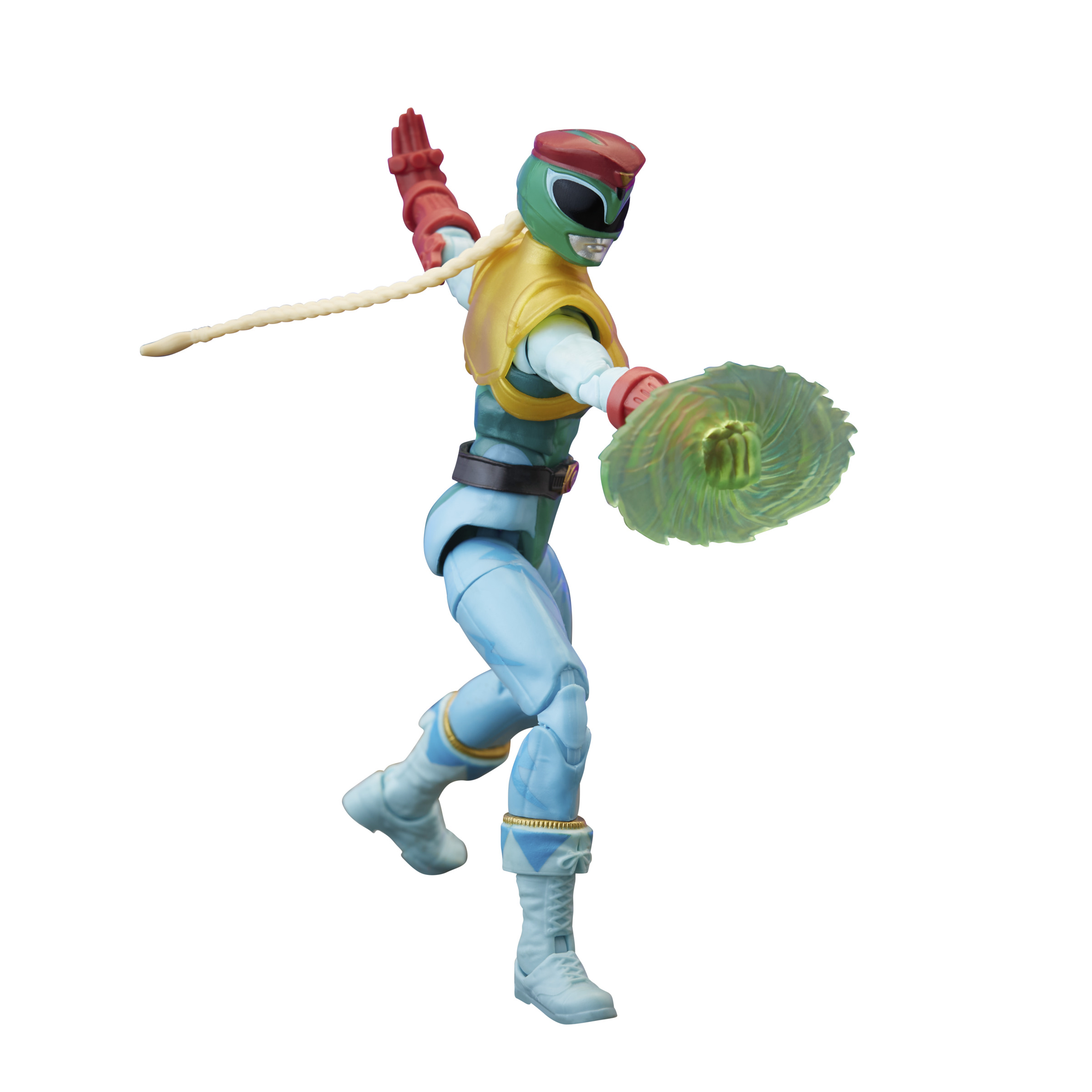 Una figura de acción de Power Rangers, una figura vestida de verde con un arma verde, en pose dinámica.