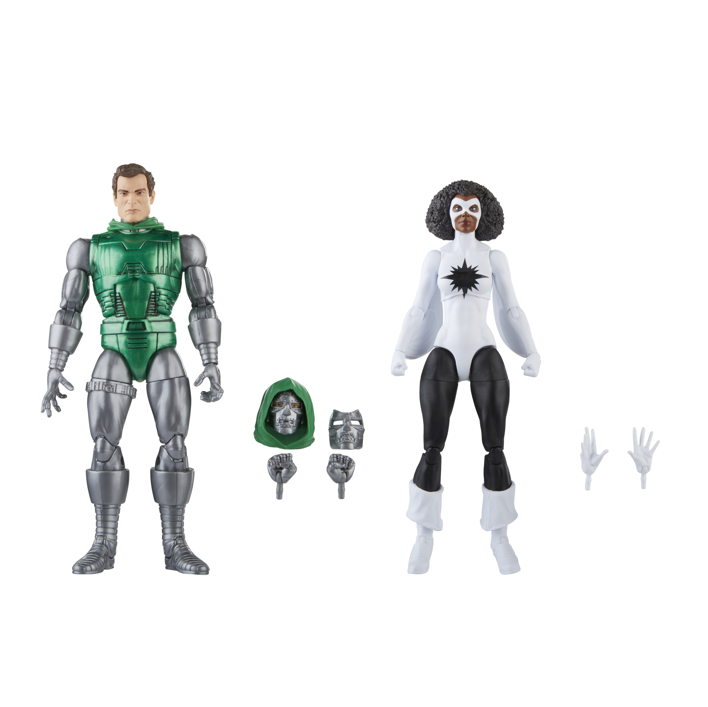 Dwie figurki Marvel: Dr. Doom i postać żeńska z symbolem gwiazdy na piersi.