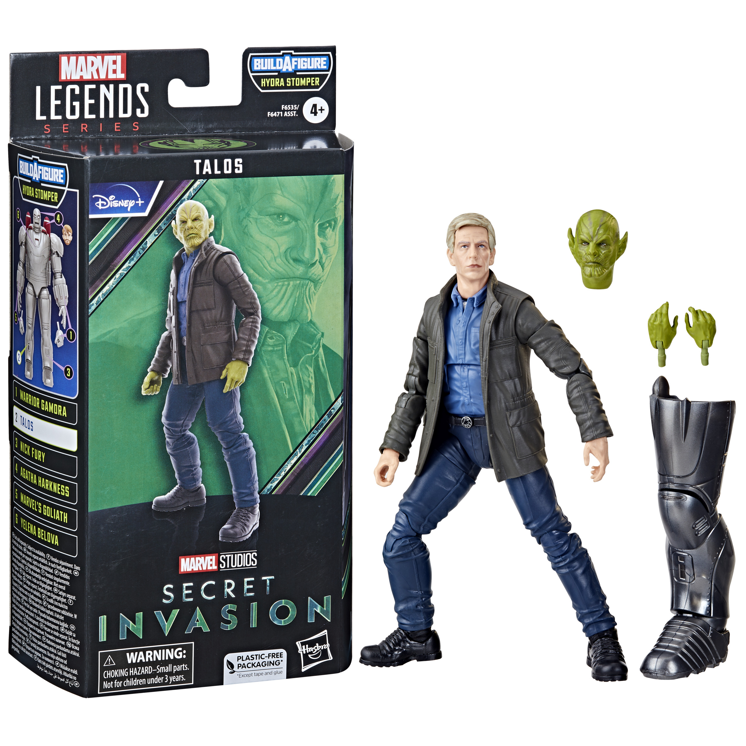 Set de figuras de acción con un alienígena verde, una figura con chaqueta y accesorios.