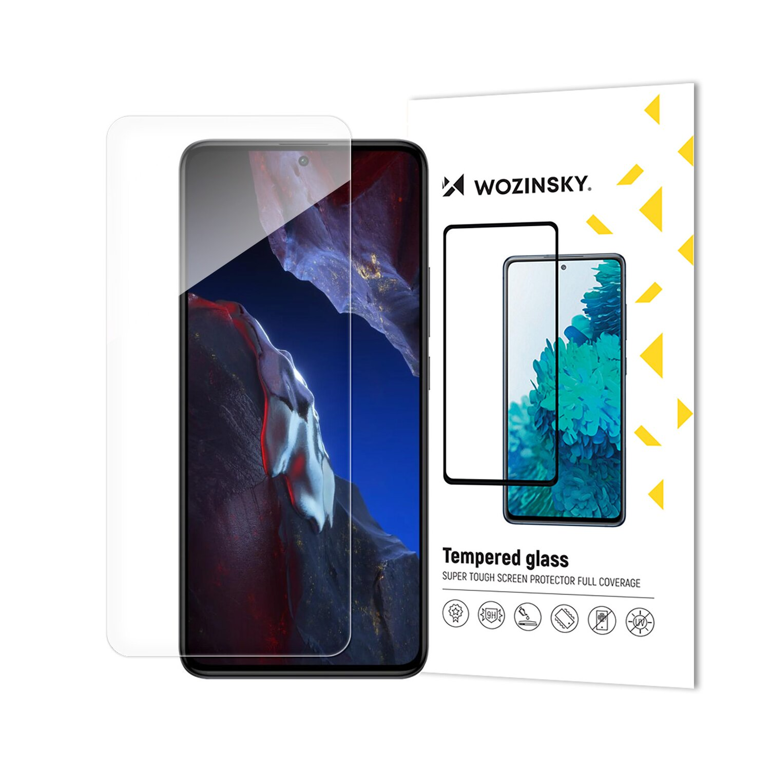 Telefon mit Displayschutzfolie auf dem Display. Verpackung mit Telefonbild sichtbar.