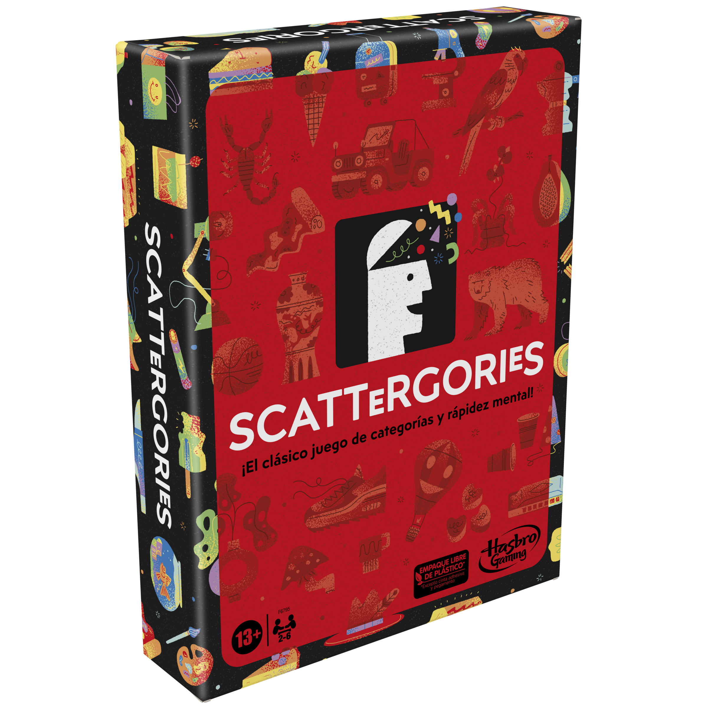 Caja del juego Scattergories, fondo rojo, varias ilustraciones, texto negro.