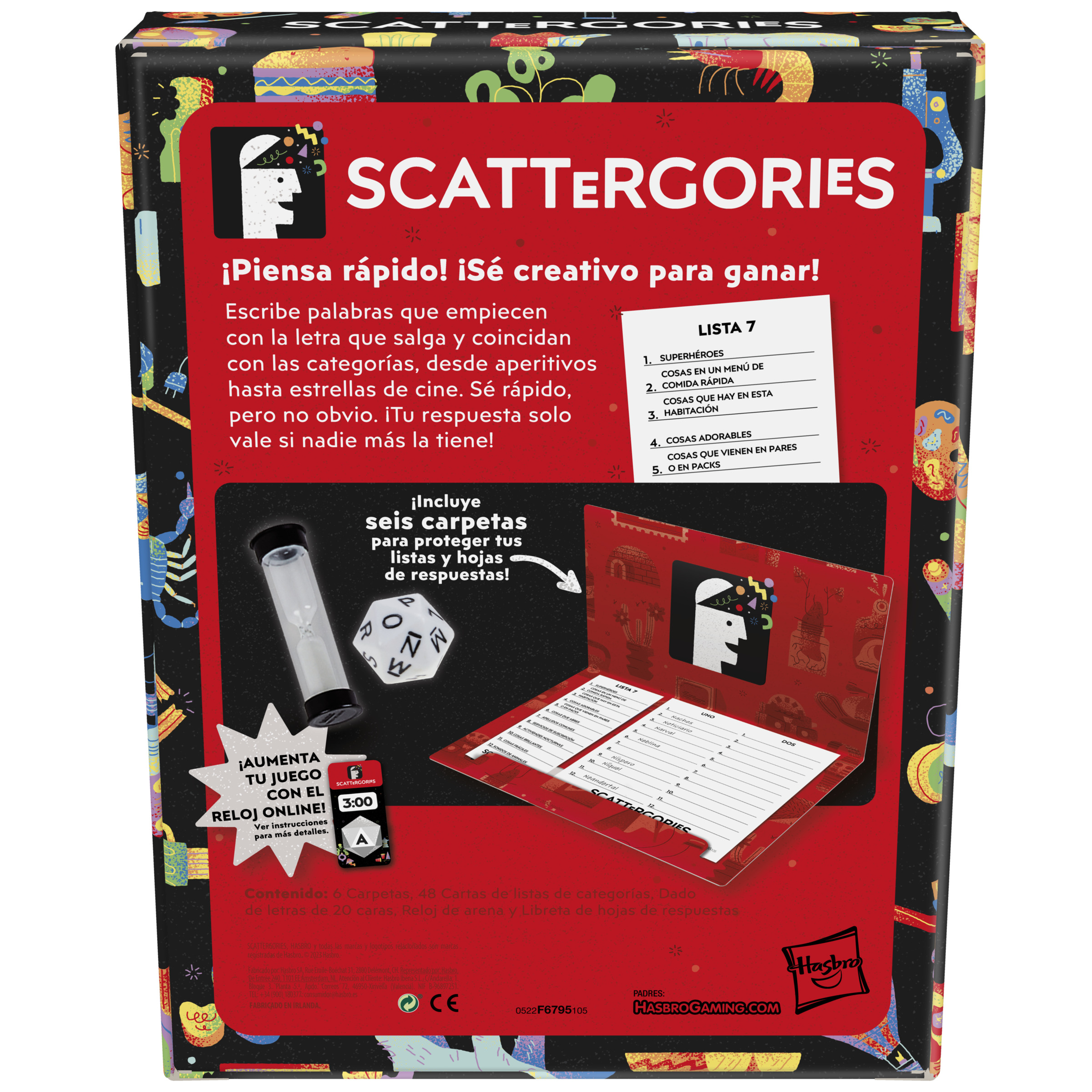 Parte trasera de una caja de juego de mesa con texto en español, incluyendo un temporizador, dados y hojas de respuesta.
