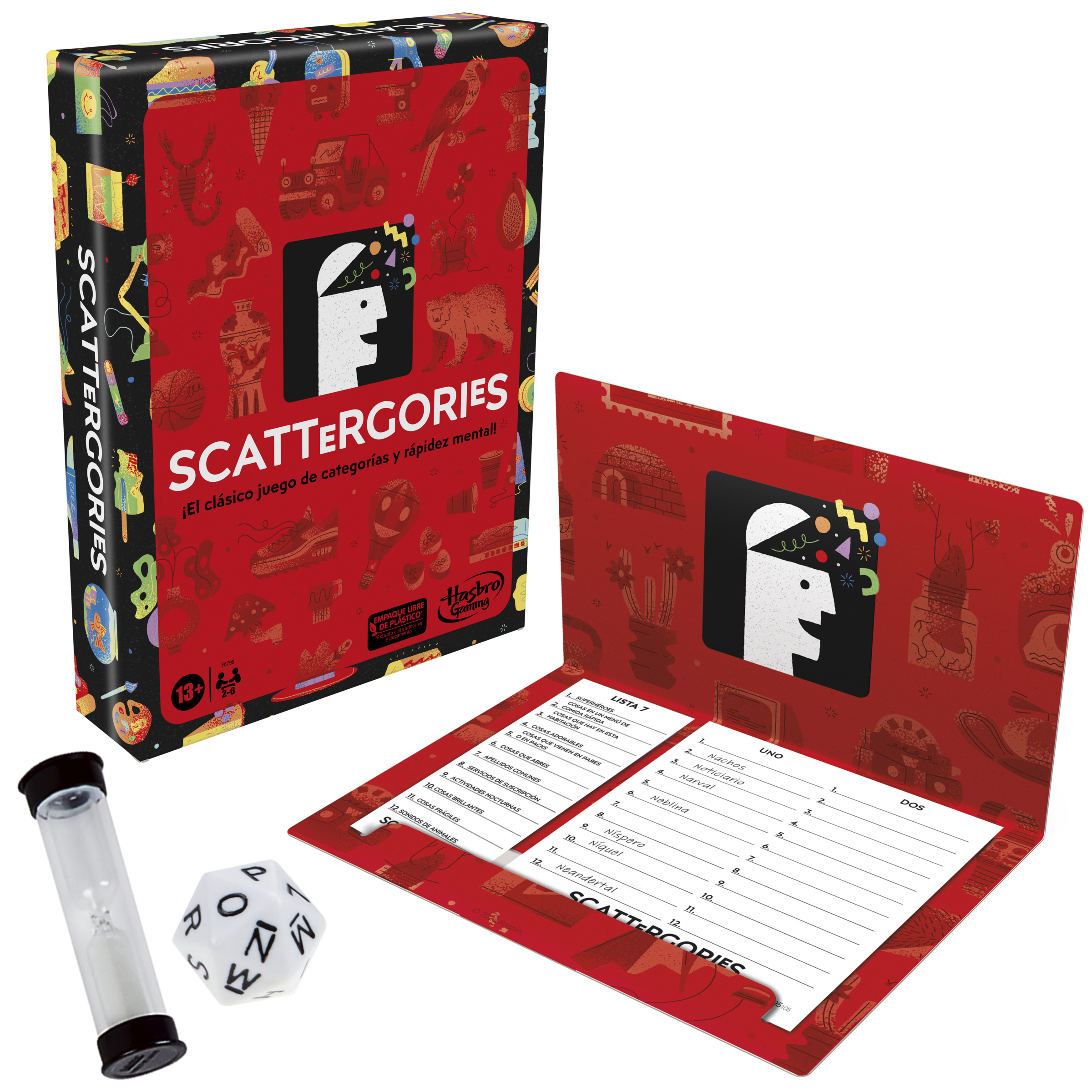 Caja del juego Scattergories con dados, temporizador y cartas. Fondo rojo con iconos.