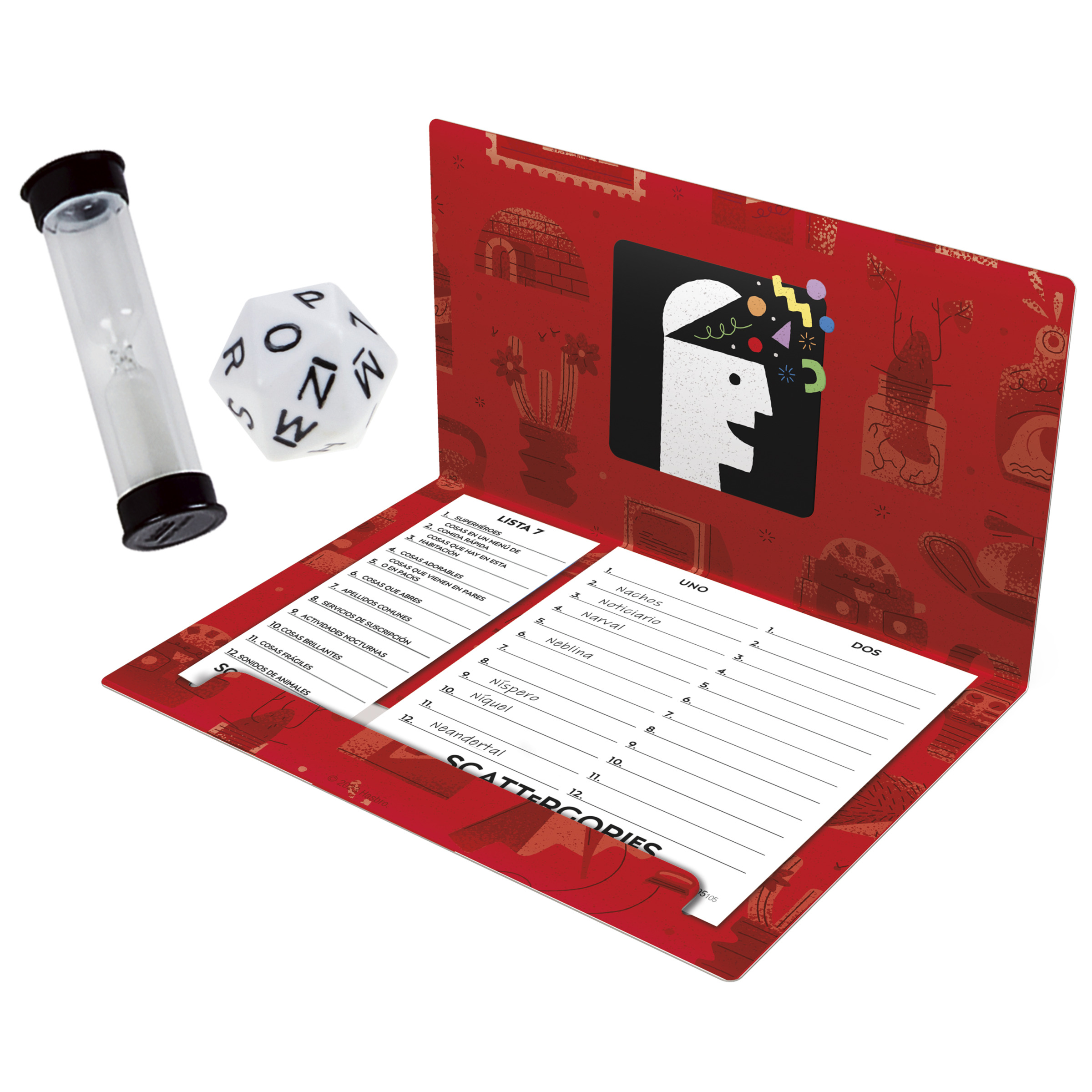 Juego Scattergories. Incluye un temporizador, dados y un tablero con categorías y listas.
