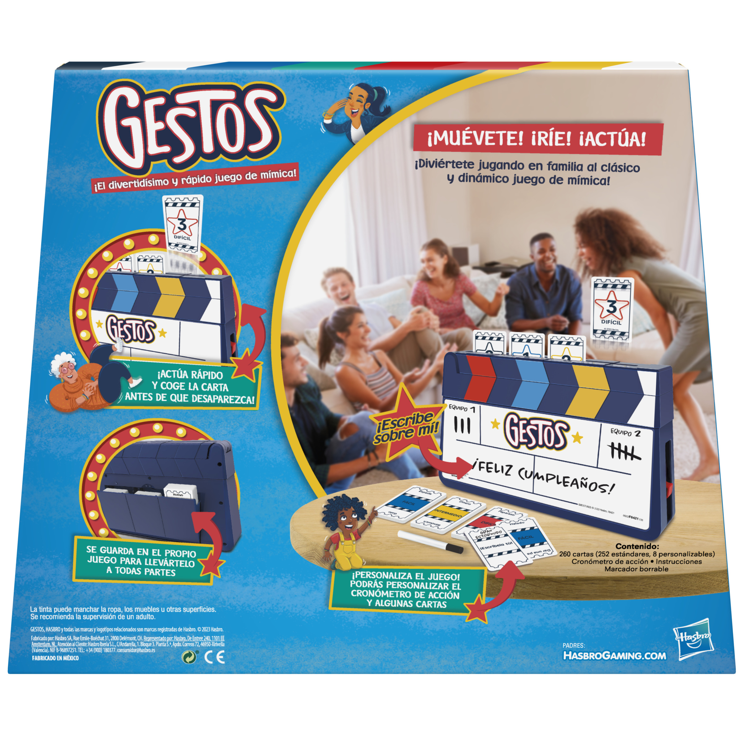 Una caja de juego de mesa con una familia jugando y componentes del juego.