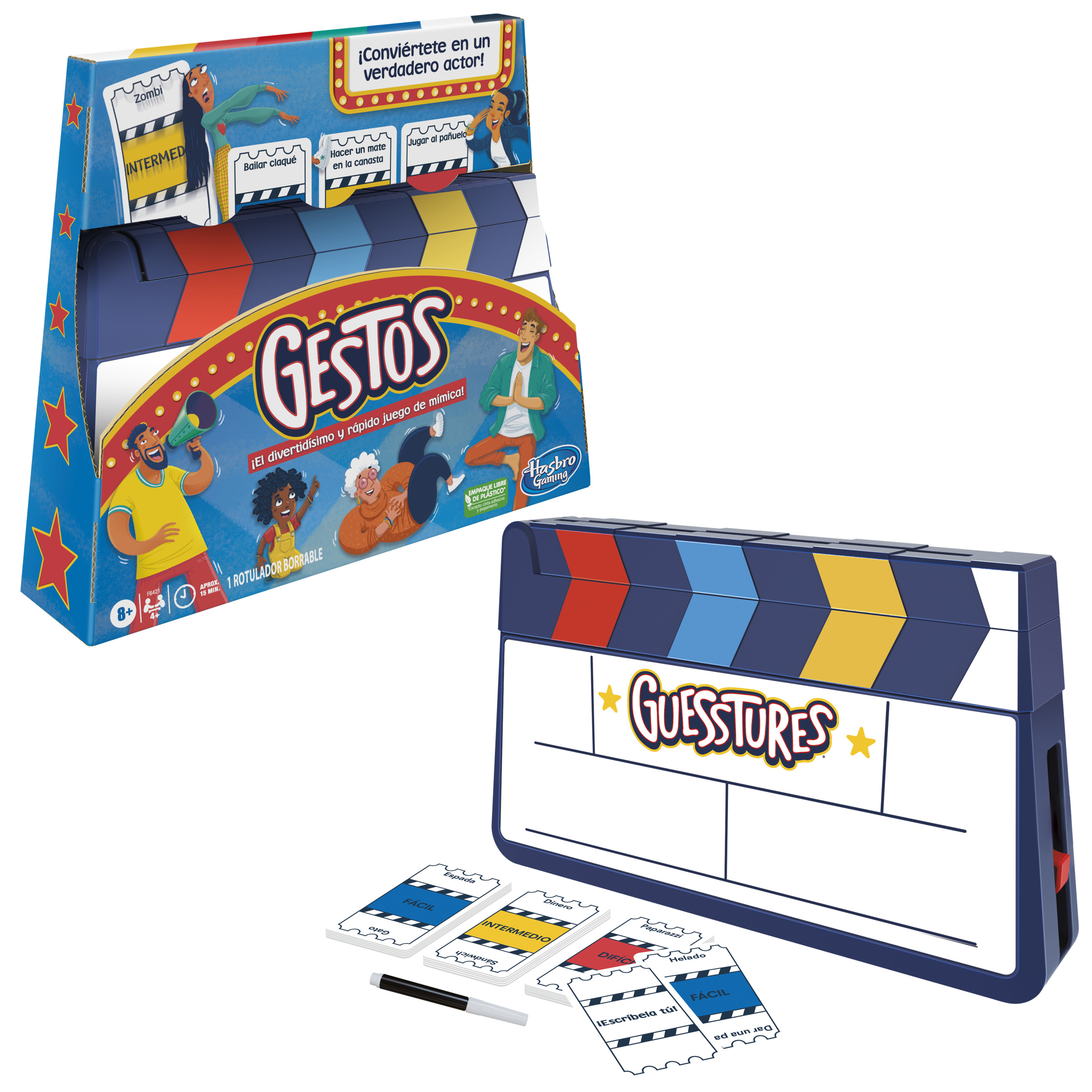 Un juego de mesa llamado Gestos con una caja colorida y componentes visibles.