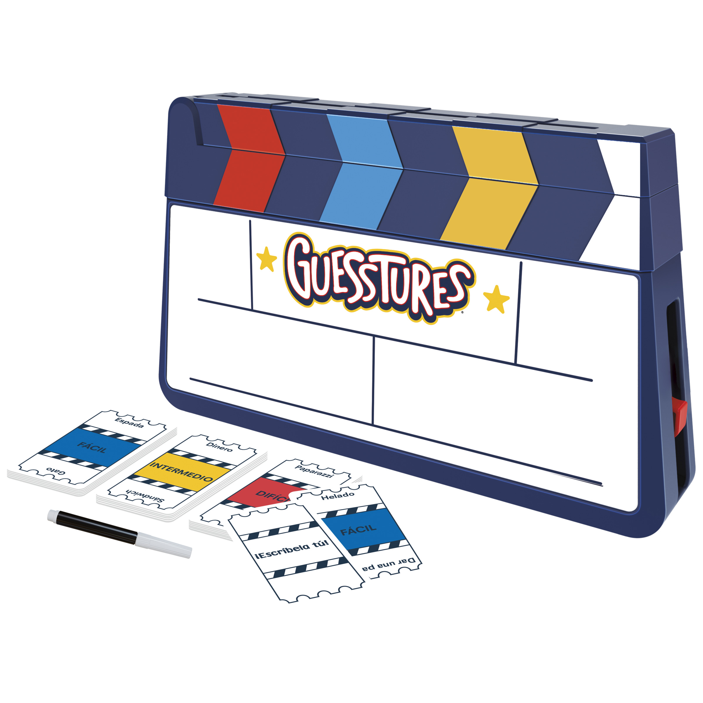 Juego Guessstures: caja azul con cartas y bolígrafo sobre superficie blanca.