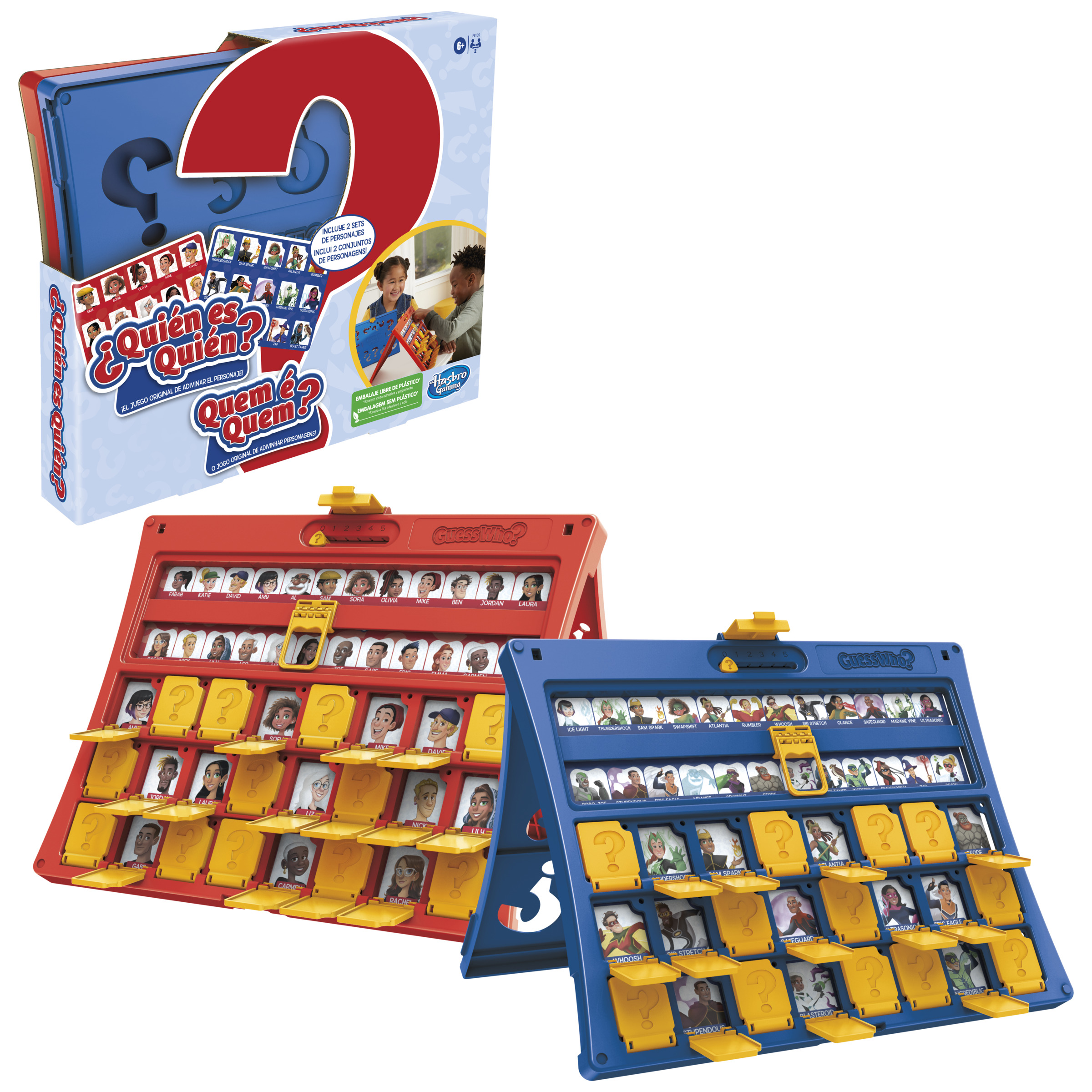 Dos juegos de mesa ¿Quién es Quién? Uno rojo, otro azul. Con tarjetas y deslizadores amarillos.