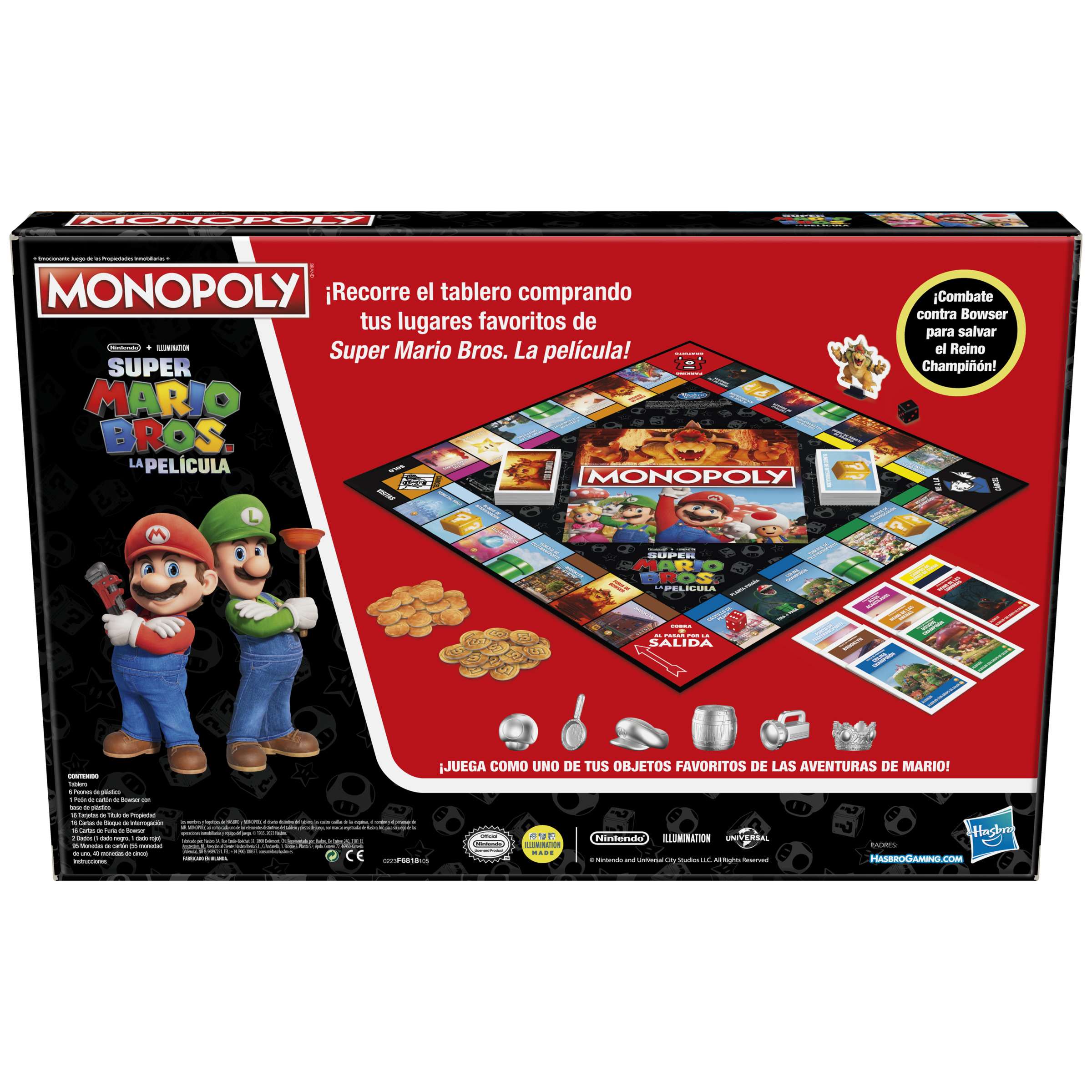 Una caja del juego de mesa Monopoly, con personajes de Super Mario Bros. y piezas.