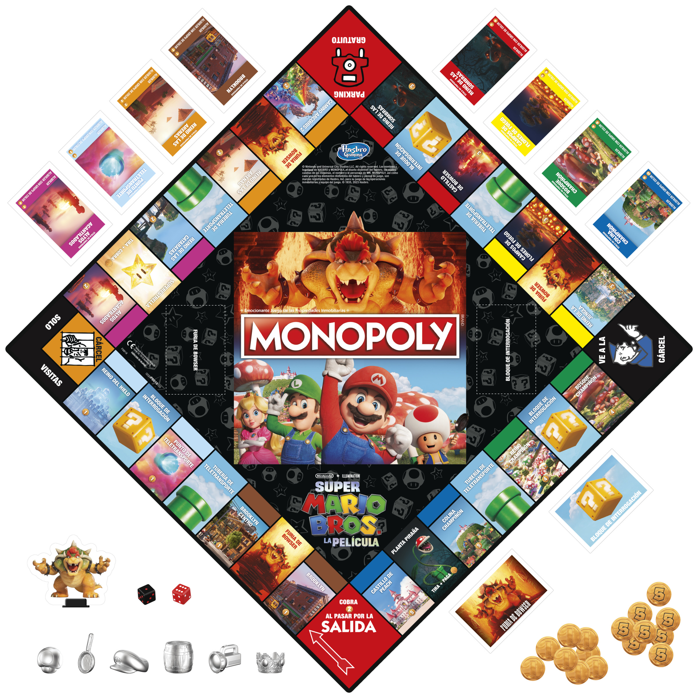 Juego de mesa Monopoly. El tablero tiene forma de diamante con cartas y piezas coloridas.