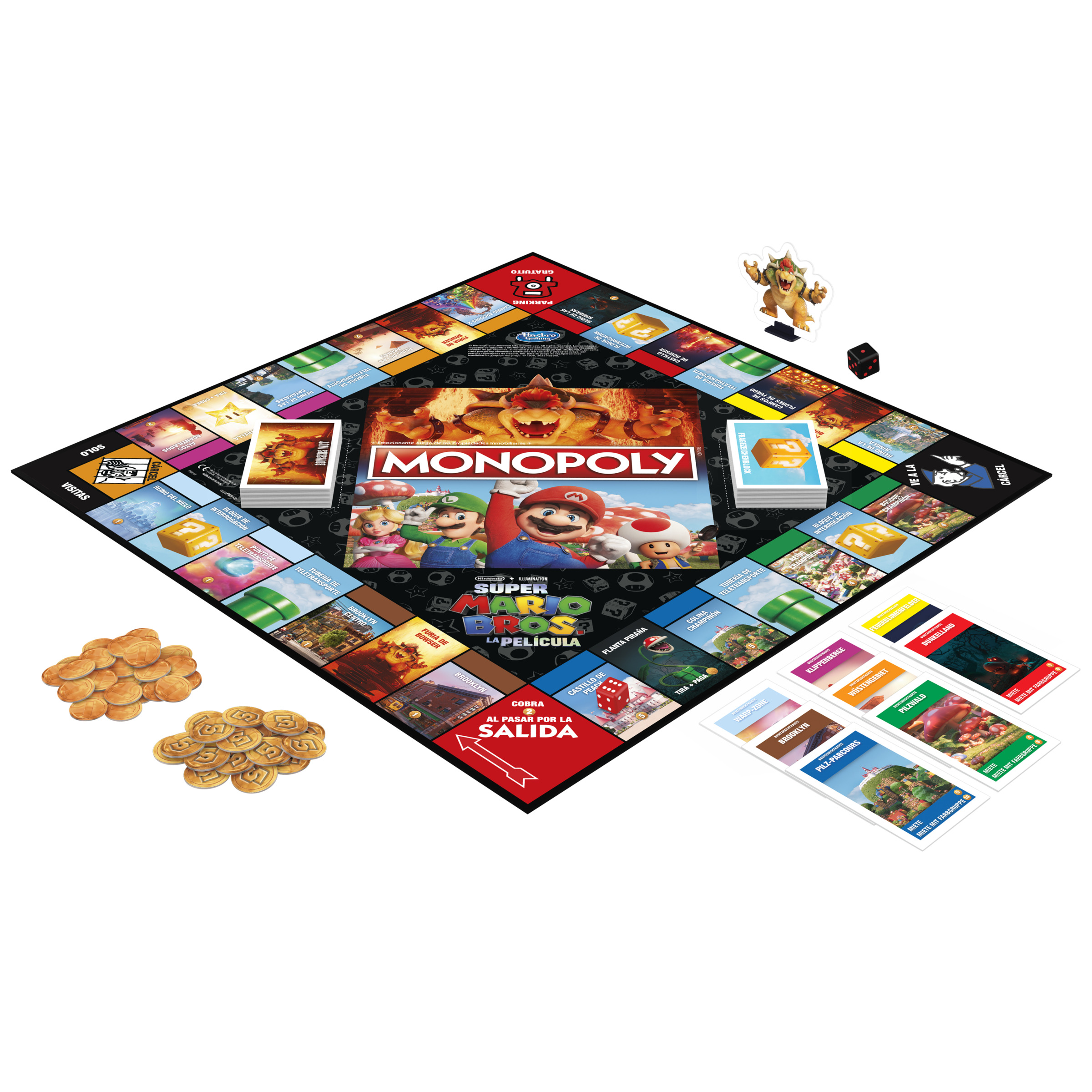 Juego de mesa Monopoly con temática de Super Mario Bros. Piezas y cartas visibles.