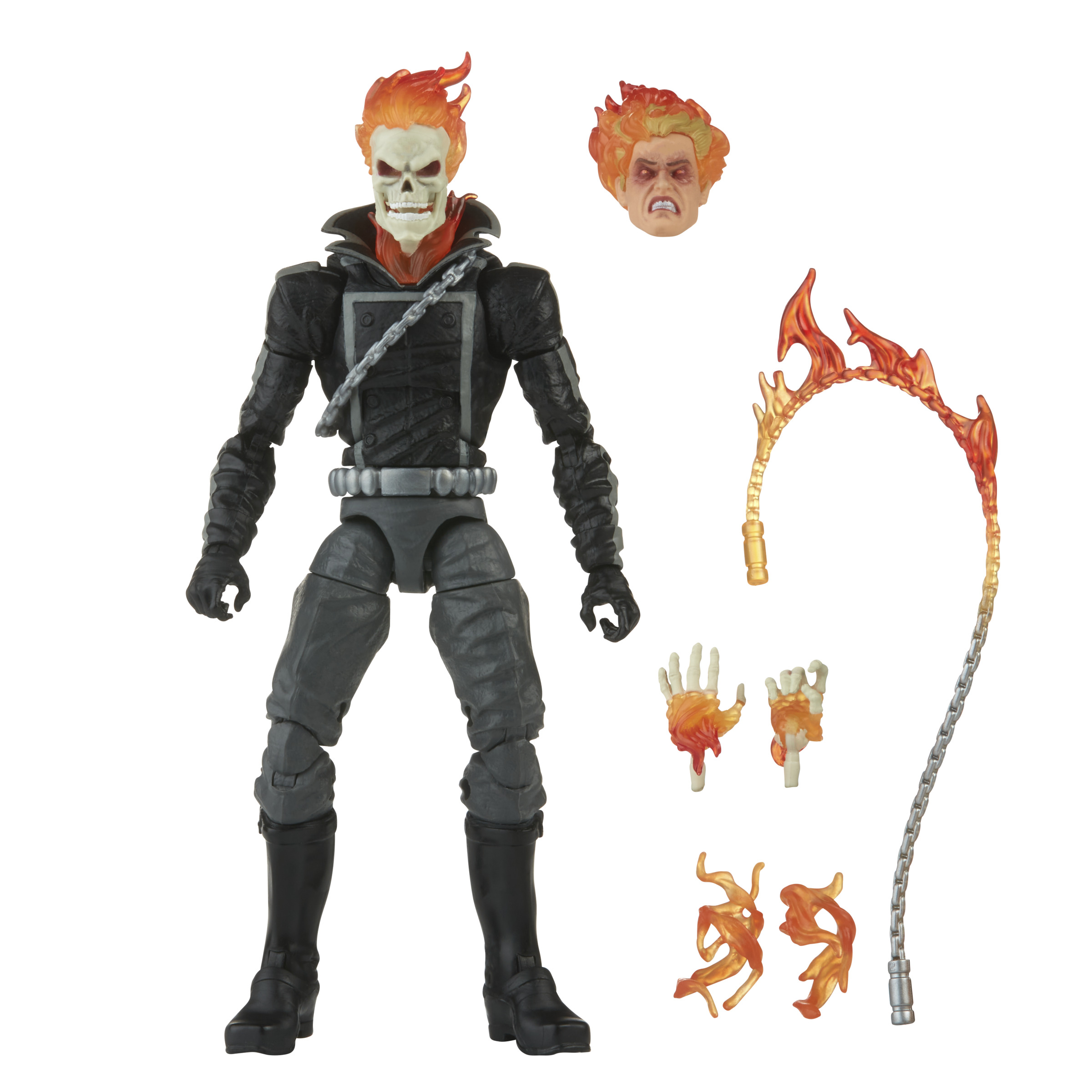 Figura de acción de Ghost Rider con llamas, cabeza de calavera, cadena y accesorios.