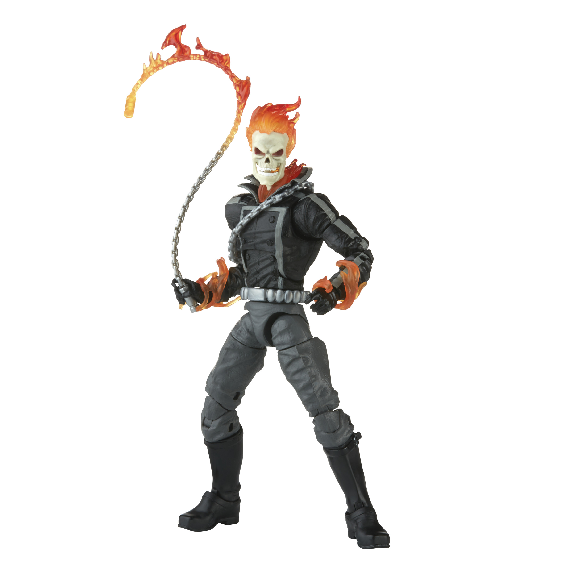Figura de acción de Ghost Rider con cabeza en llamas, sosteniendo una cadena. Traje negro, pantalones grises y botas.