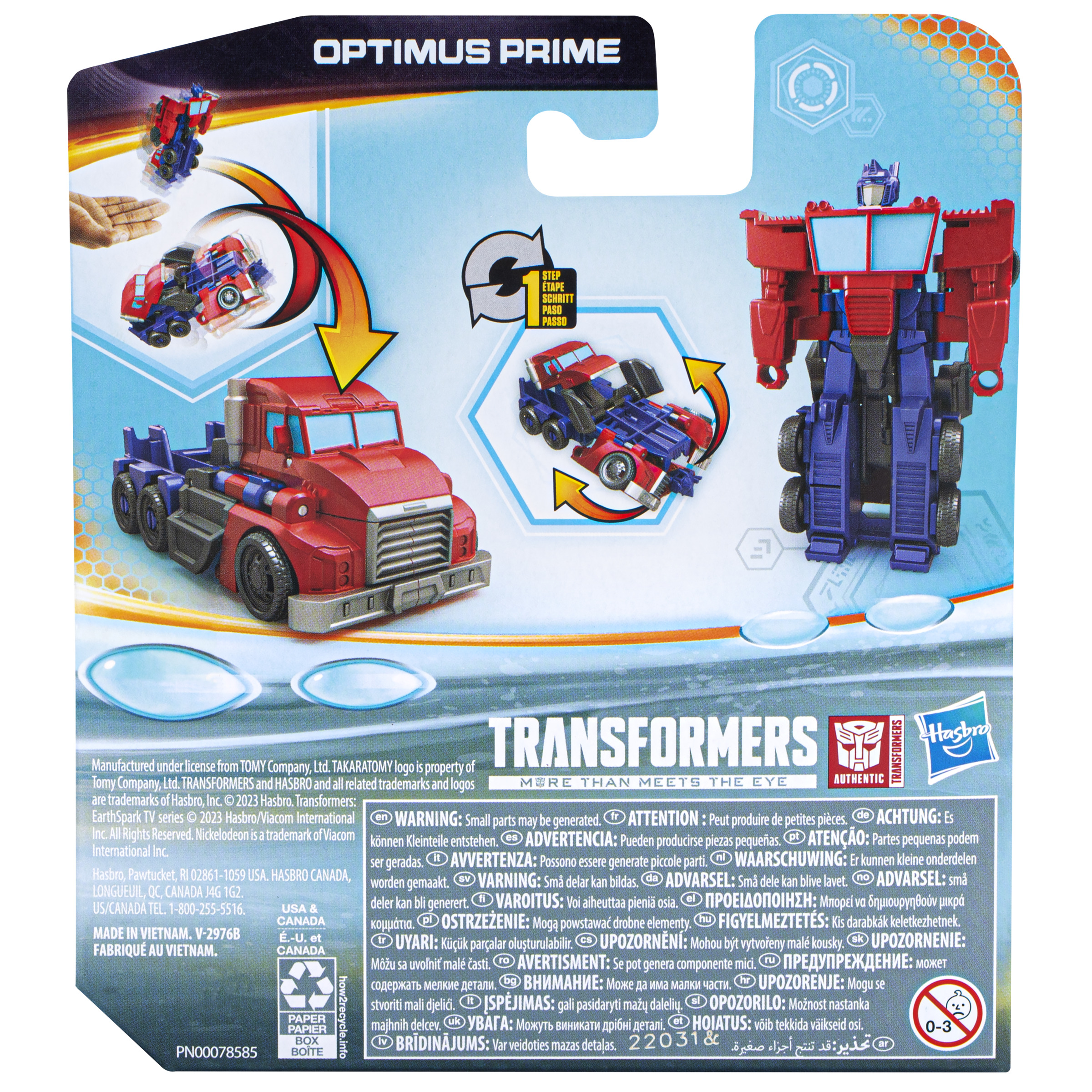Tył pudełka z zabawką Transformers Optimus Prime, pokazujący zabawkę, ciężarówkę i ilustracje.