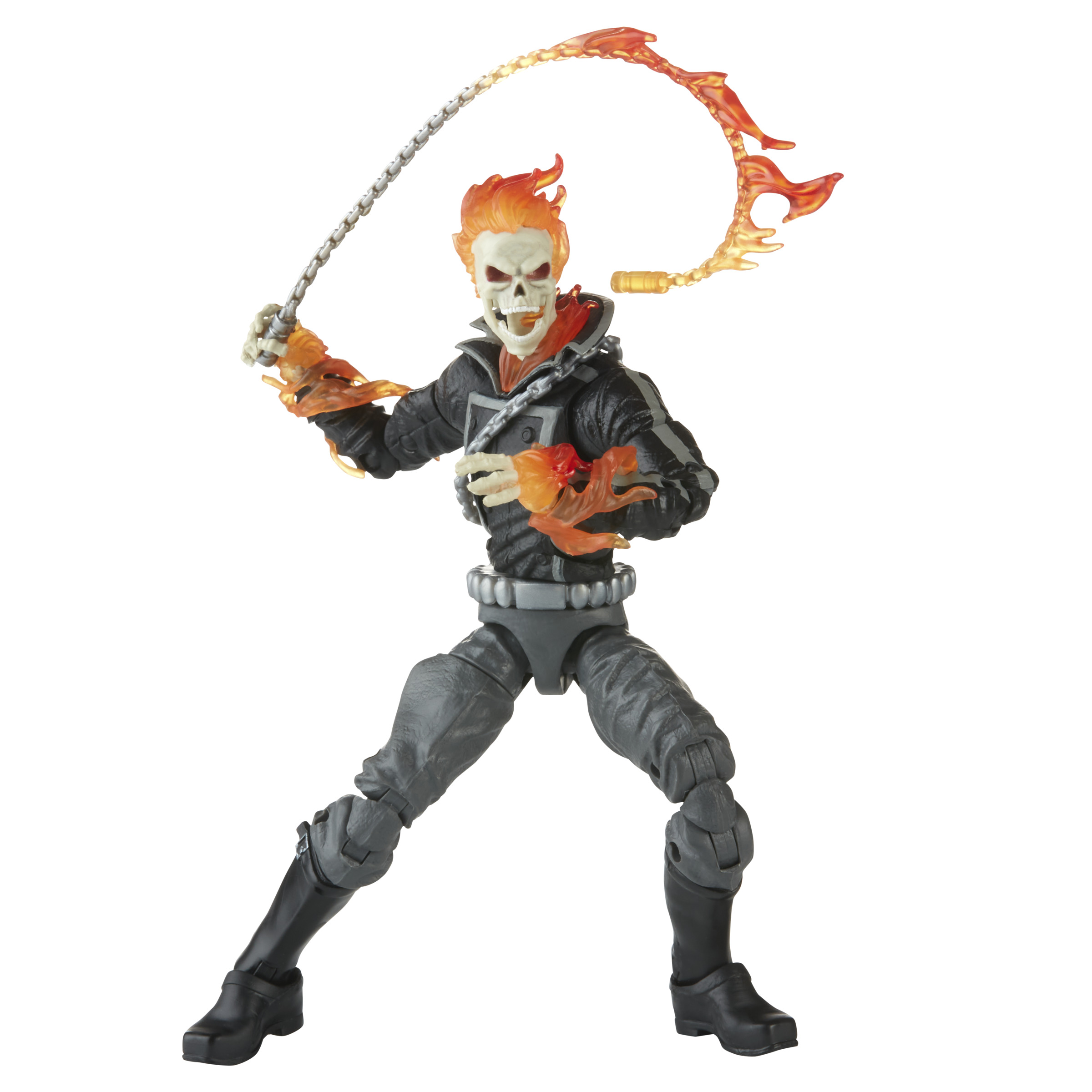 Figura de acción de Ghost Rider con cadena llameante y calavera sobre fondo blanco.