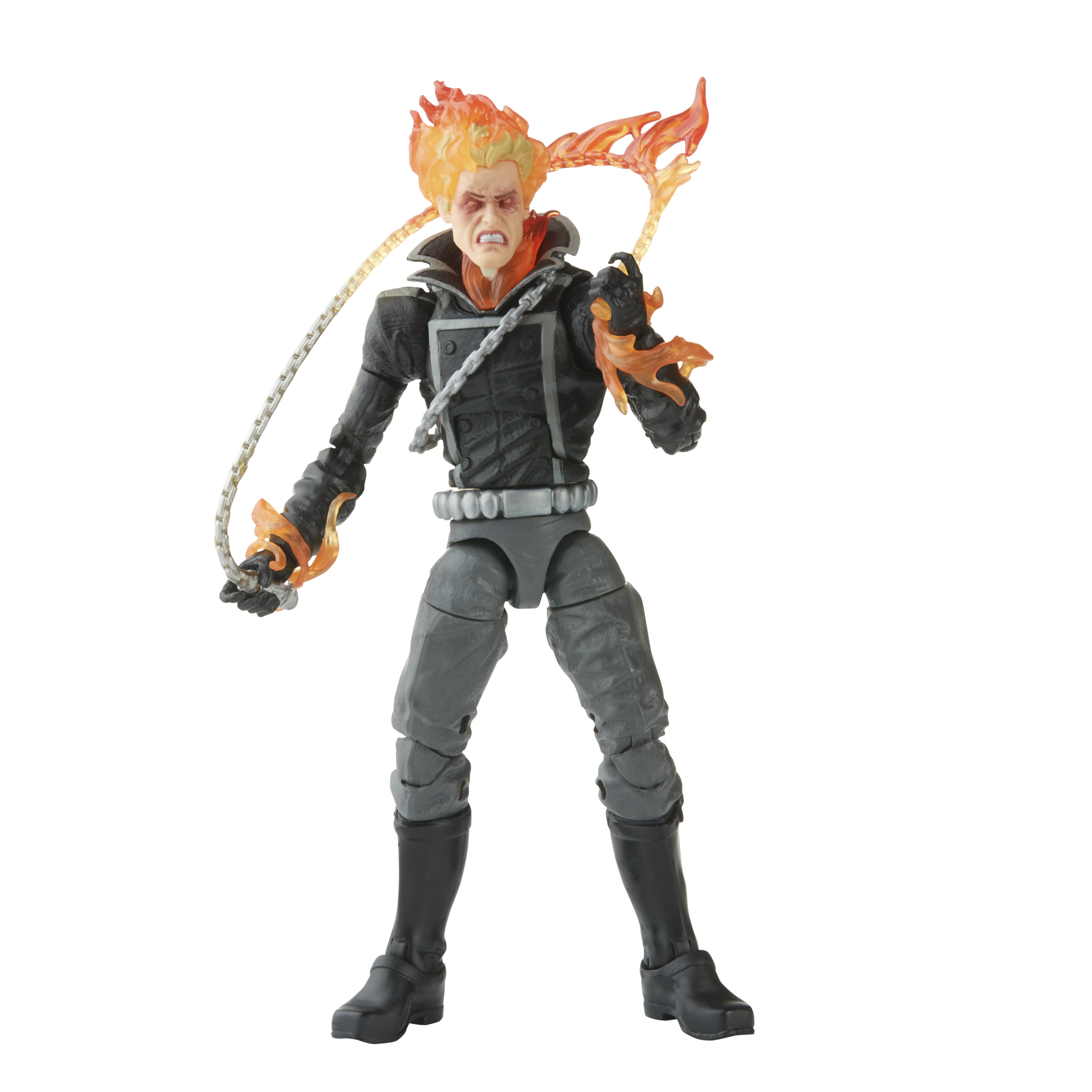 Figura de acción de Ghost Rider con llamas, sosteniendo una cadena con llamas.