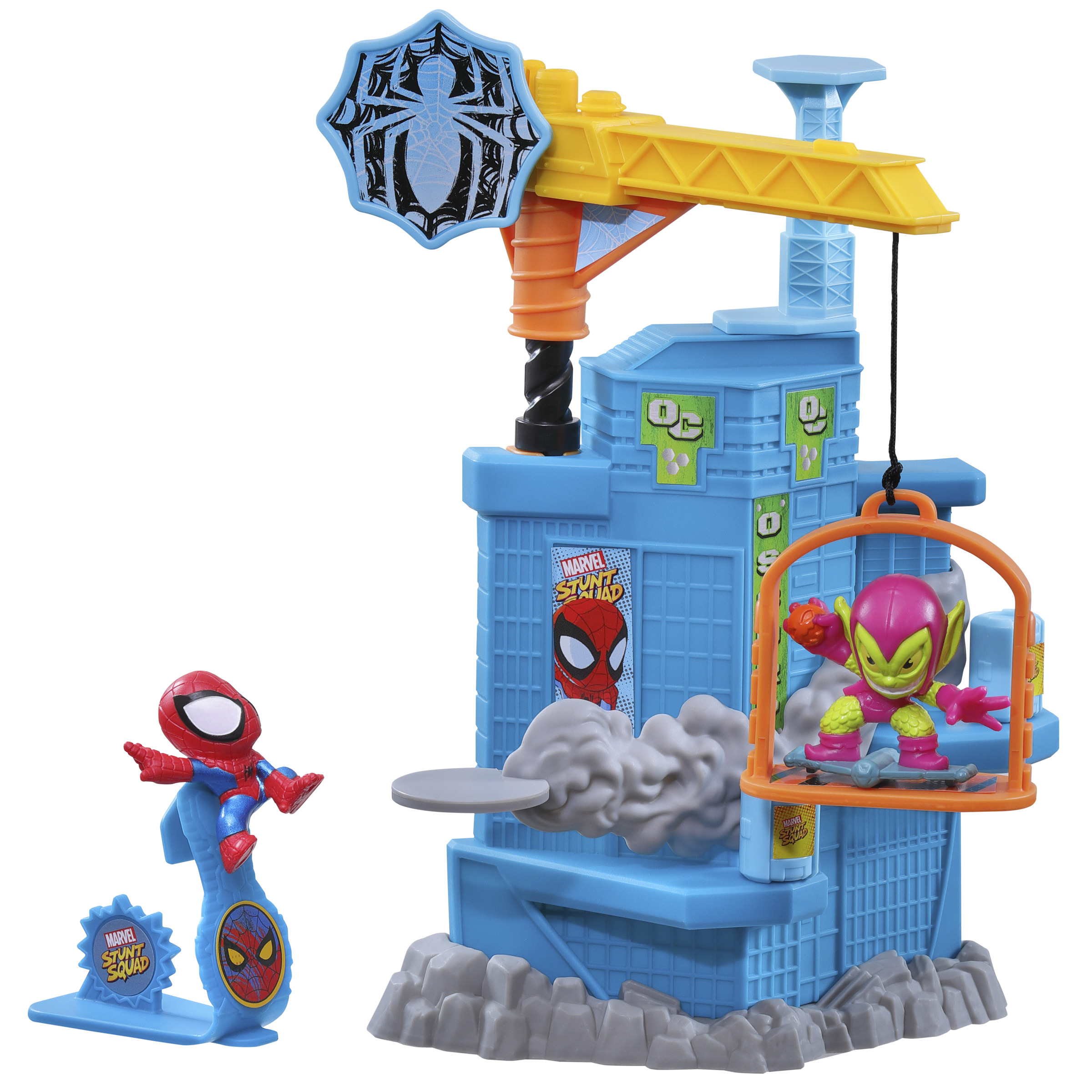 Set de juguetes de Spider-Man con Duende Verde. Edificio azul, grúa y figura de Spider-Man. Estilo de dibujos animados.