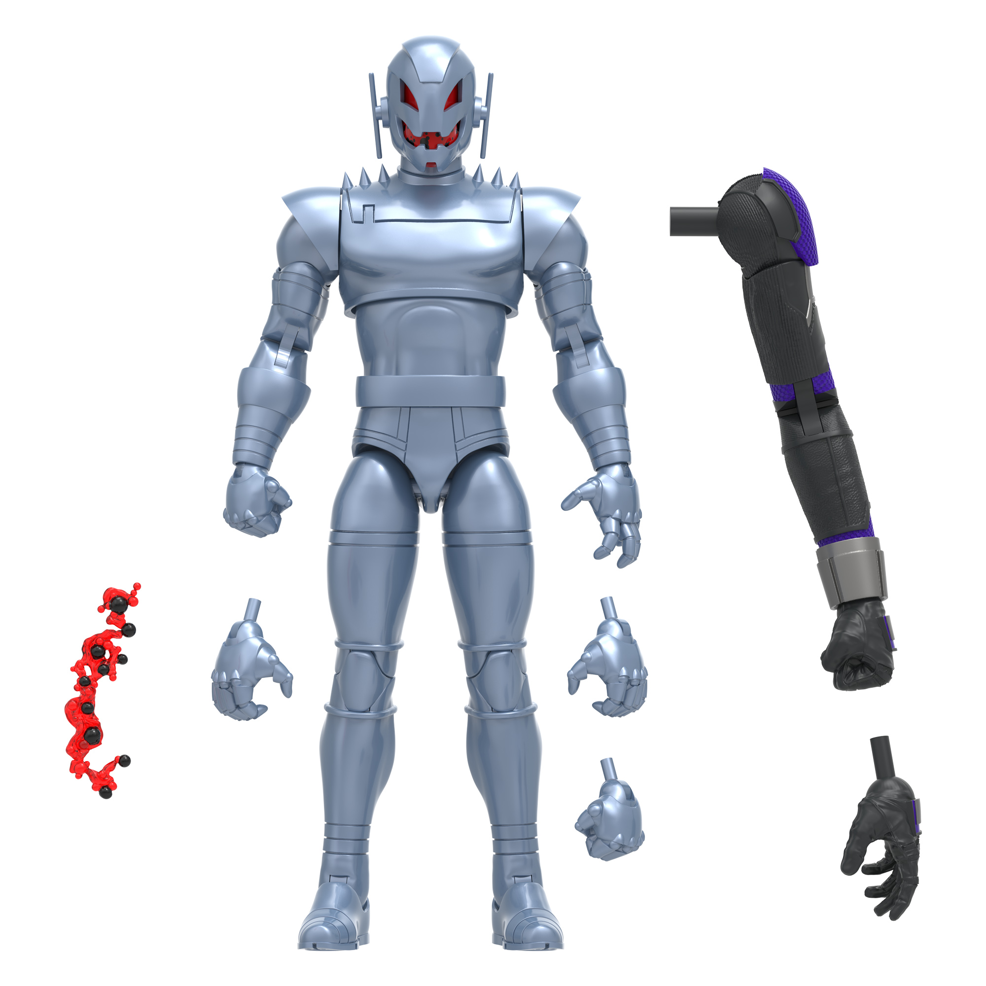 Figura de acción de Ultron con múltiples piezas. El robot es plateado con partes desmontables.