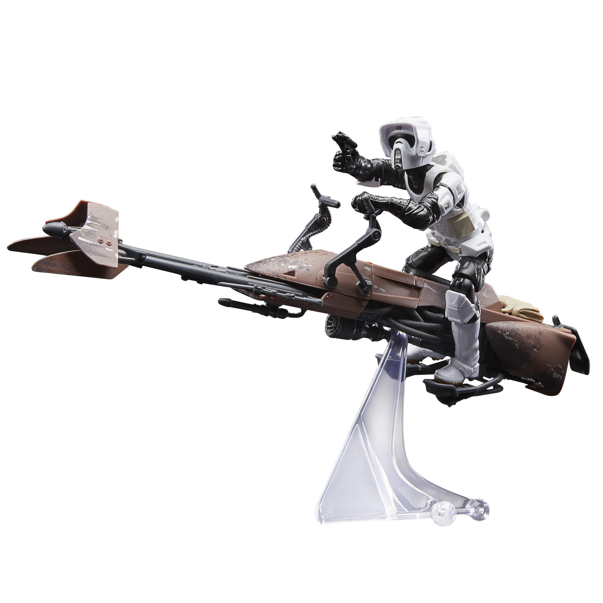 Beyaz bir arka planda bir silahı işaret eden bir Star Wars keşif askeri, bir speeder bisikletinde.