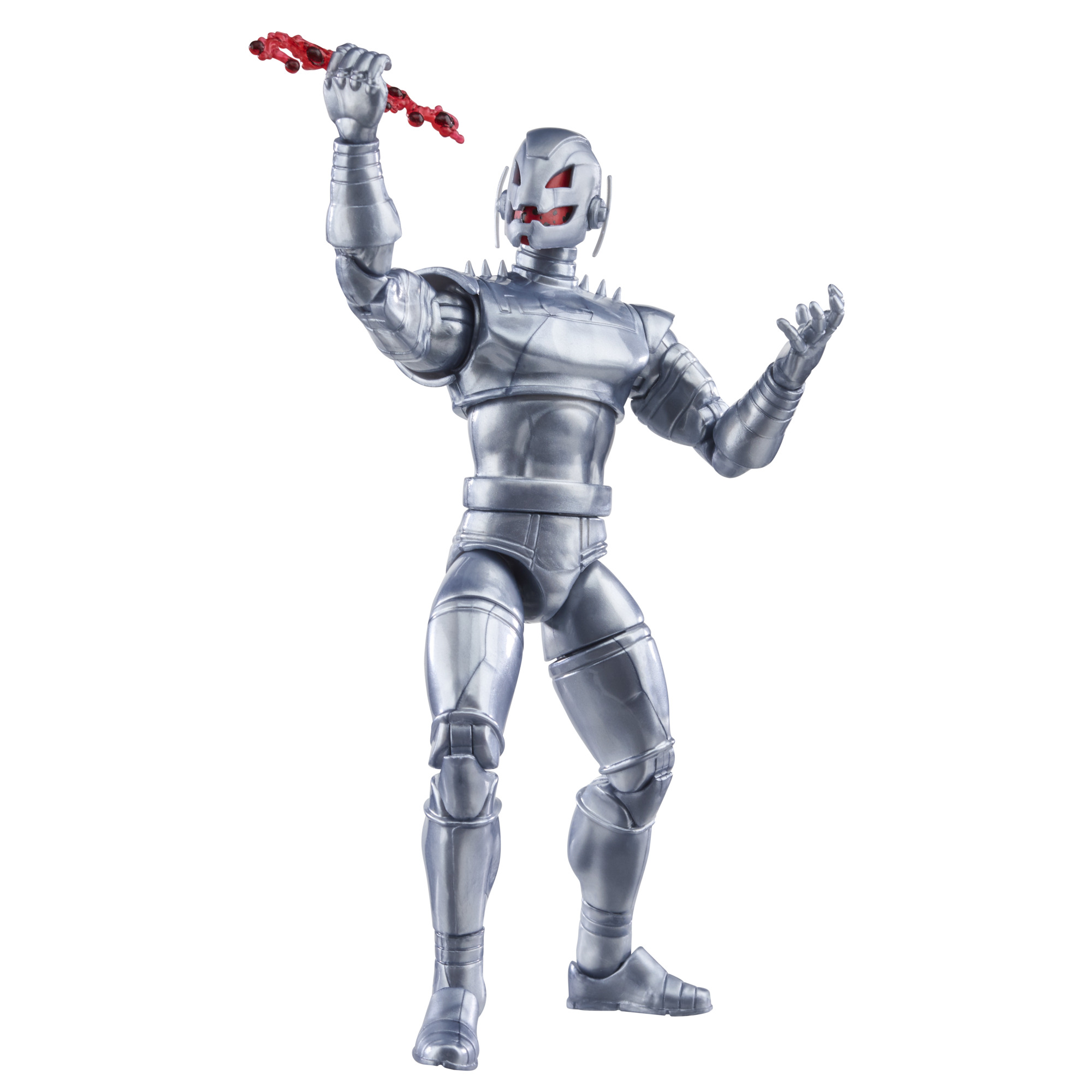 Figura de acción de Ultron con detalles rojos, cuerpo plateado y sosteniendo un objeto rojo. Fondo blanco.