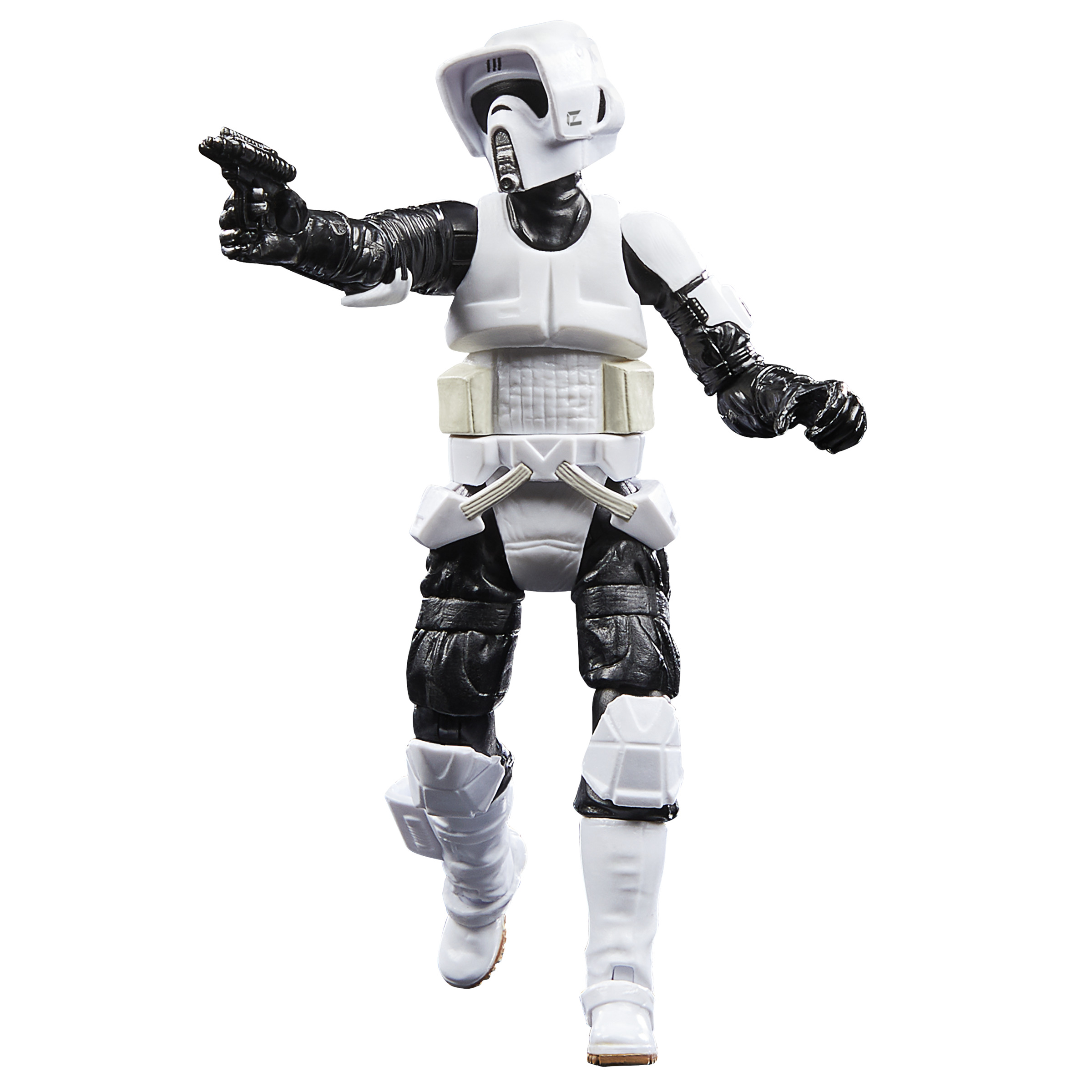 Beyaz zırhlı bir Star Wars figürü, bir silah tutuyor, beyaz bir arka planda.