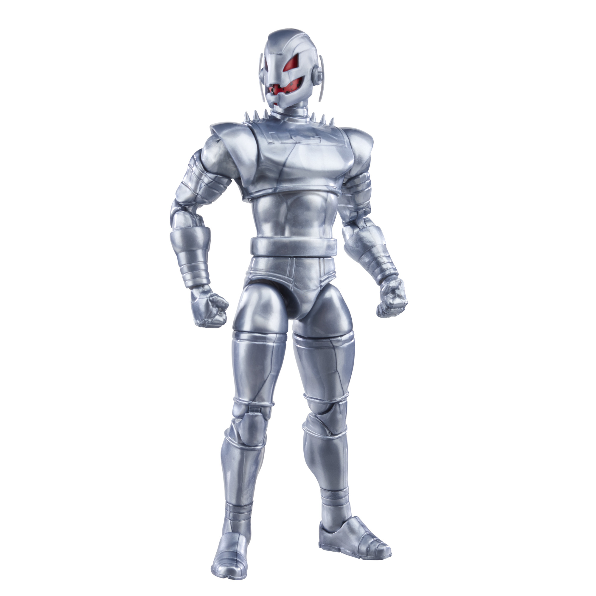 Figura de acción plateada de Ultron. Tiene cara roja y posa de pie sobre fondo blanco.