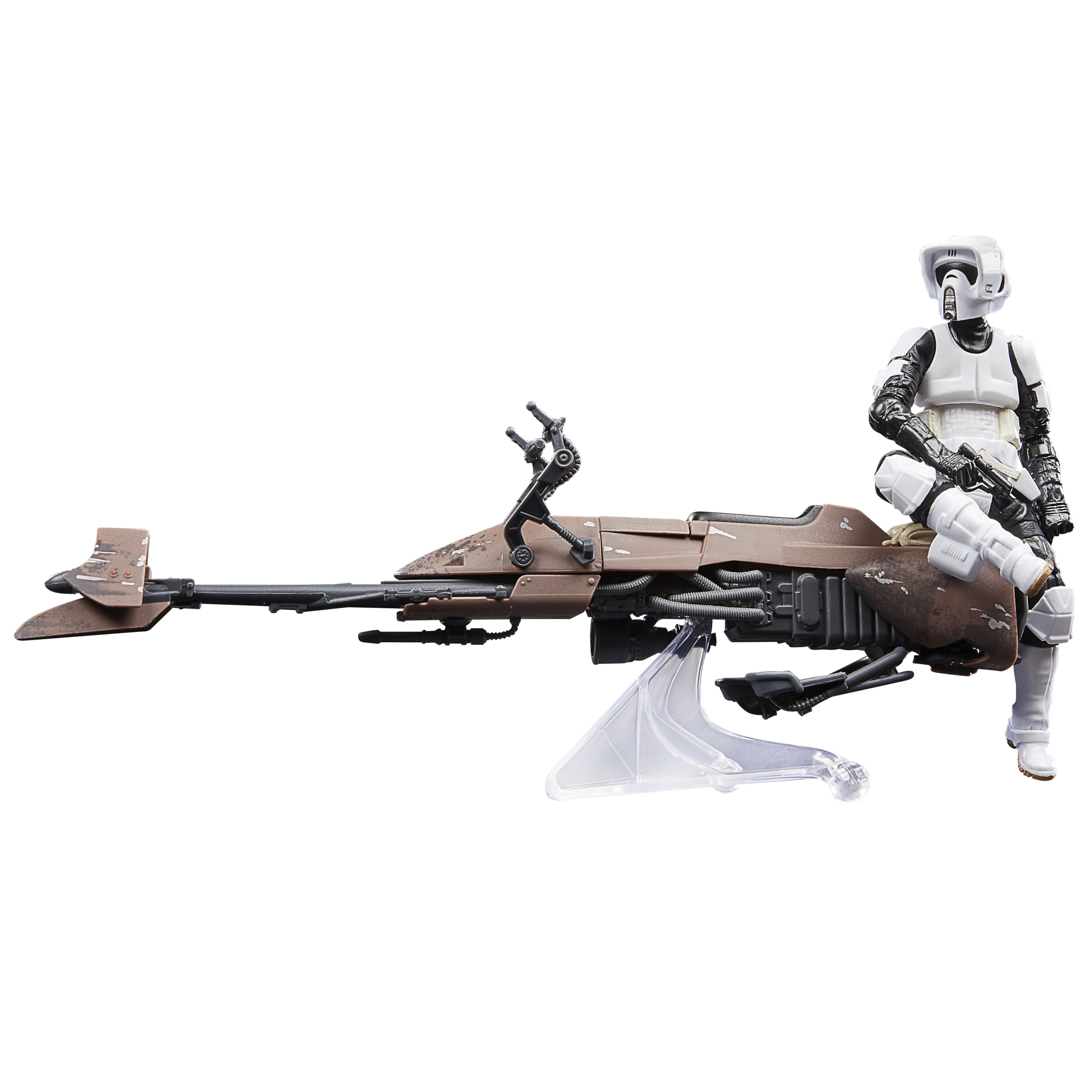 Bir Star Wars Scout Trooper figürü, bir speeder bisikletinde, beyaz arka plan.