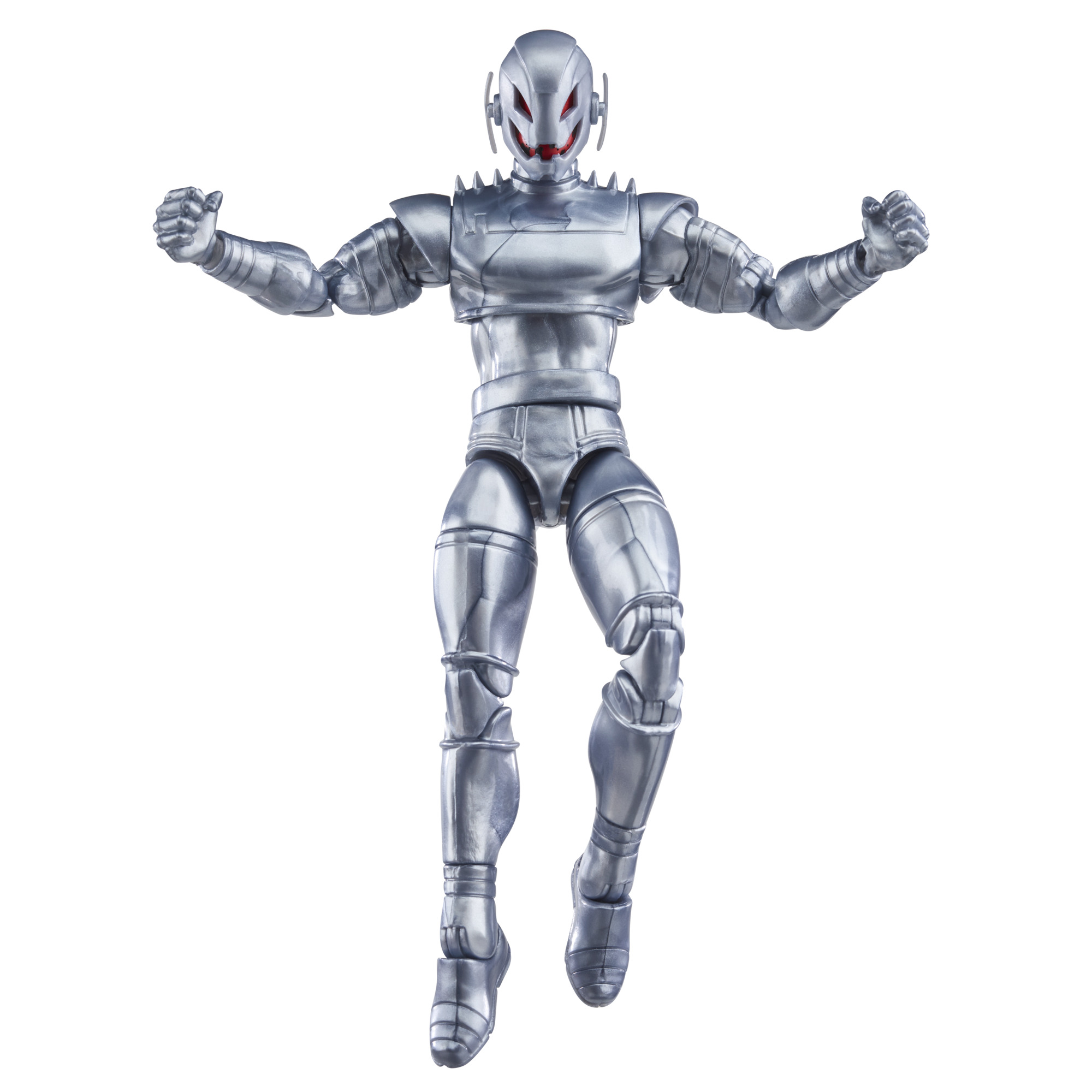 Figura de acción plateada de Ultron, con los brazos extendidos, en el aire, con ojos rojos y fondo blanco.