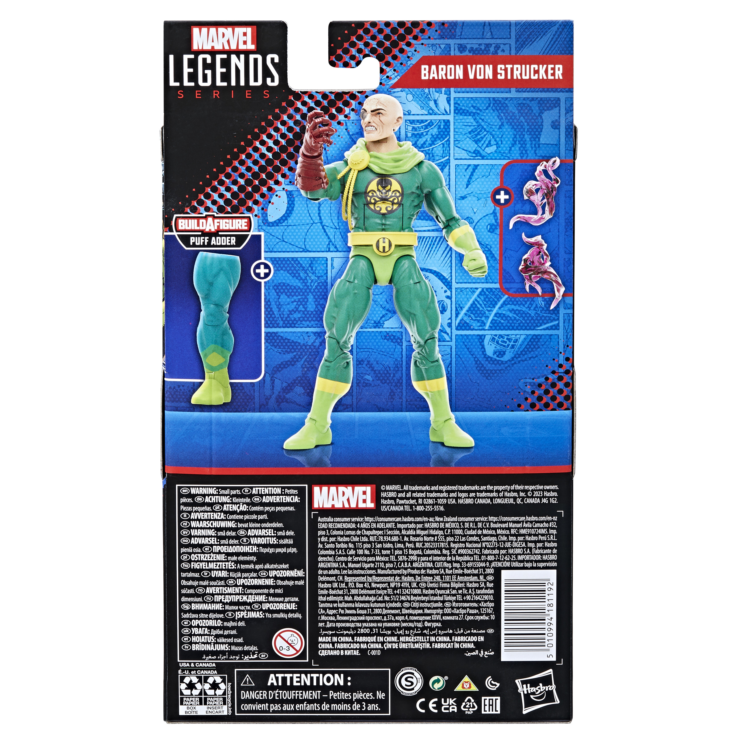 Figura de Marvel Legends del Barón Von Strucker. Figura en traje verde, parte trasera de la caja.