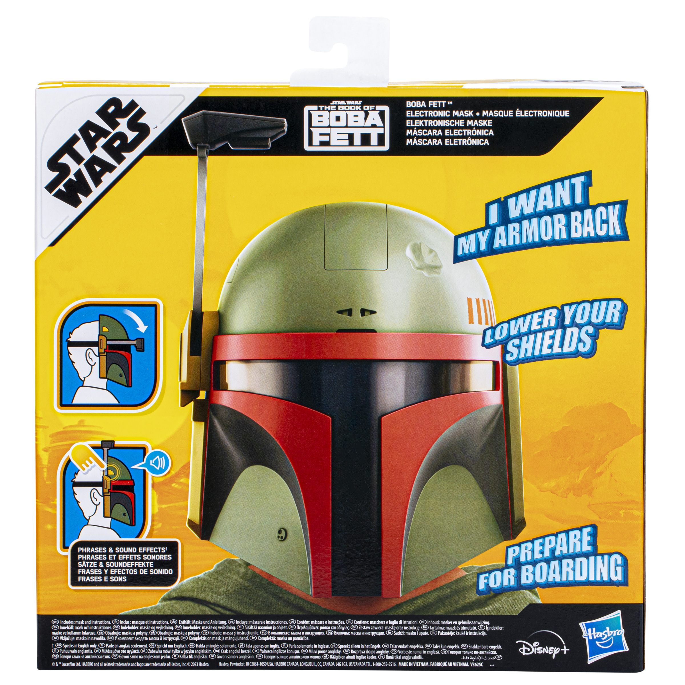 Caja de un casco de Boba Fett. Muestra el casco con instrucciones y frases en varios idiomas.