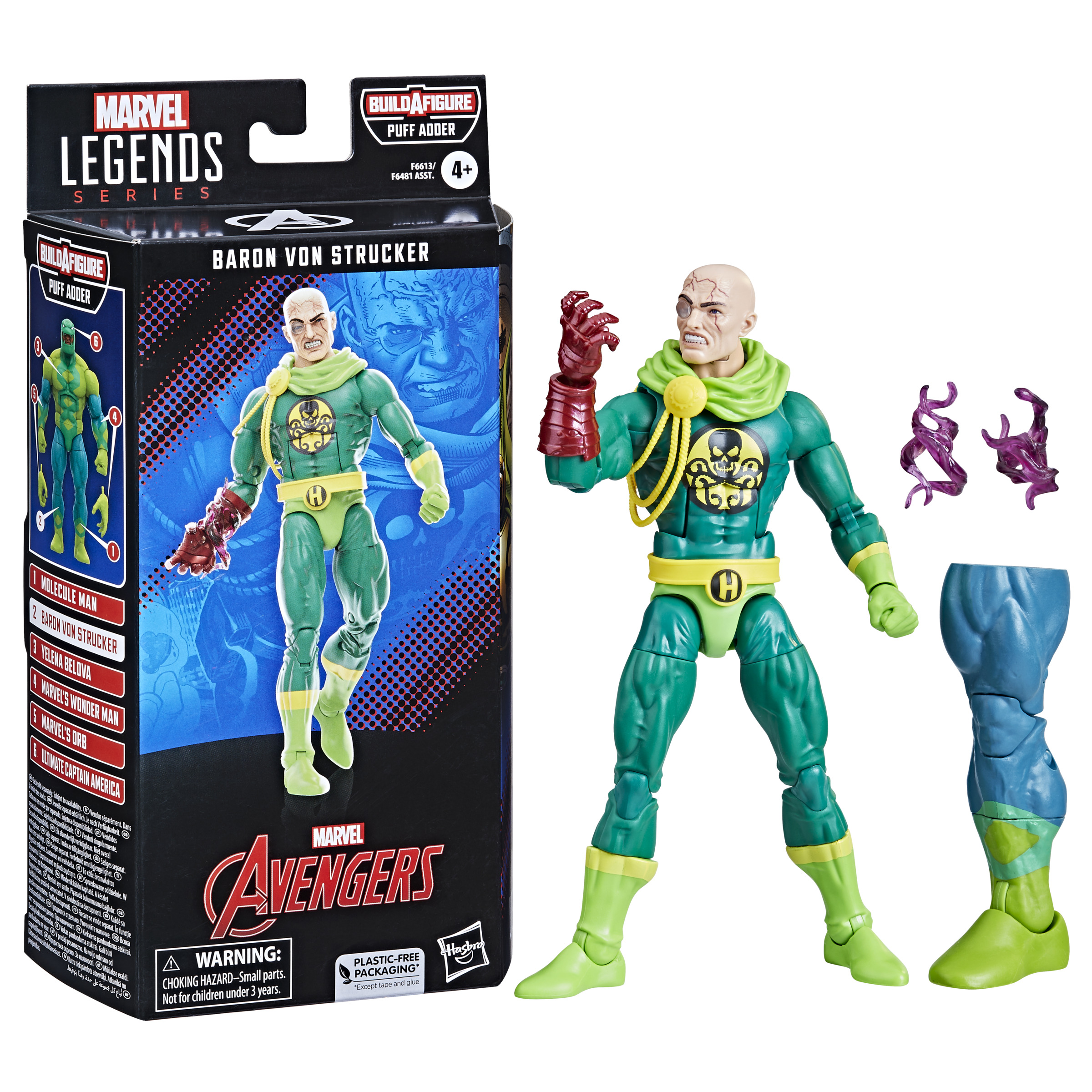 Una figura de acción de Marvel Baron Von Strucker está en una caja. Es verde con guantes rojos y cabeza calva.