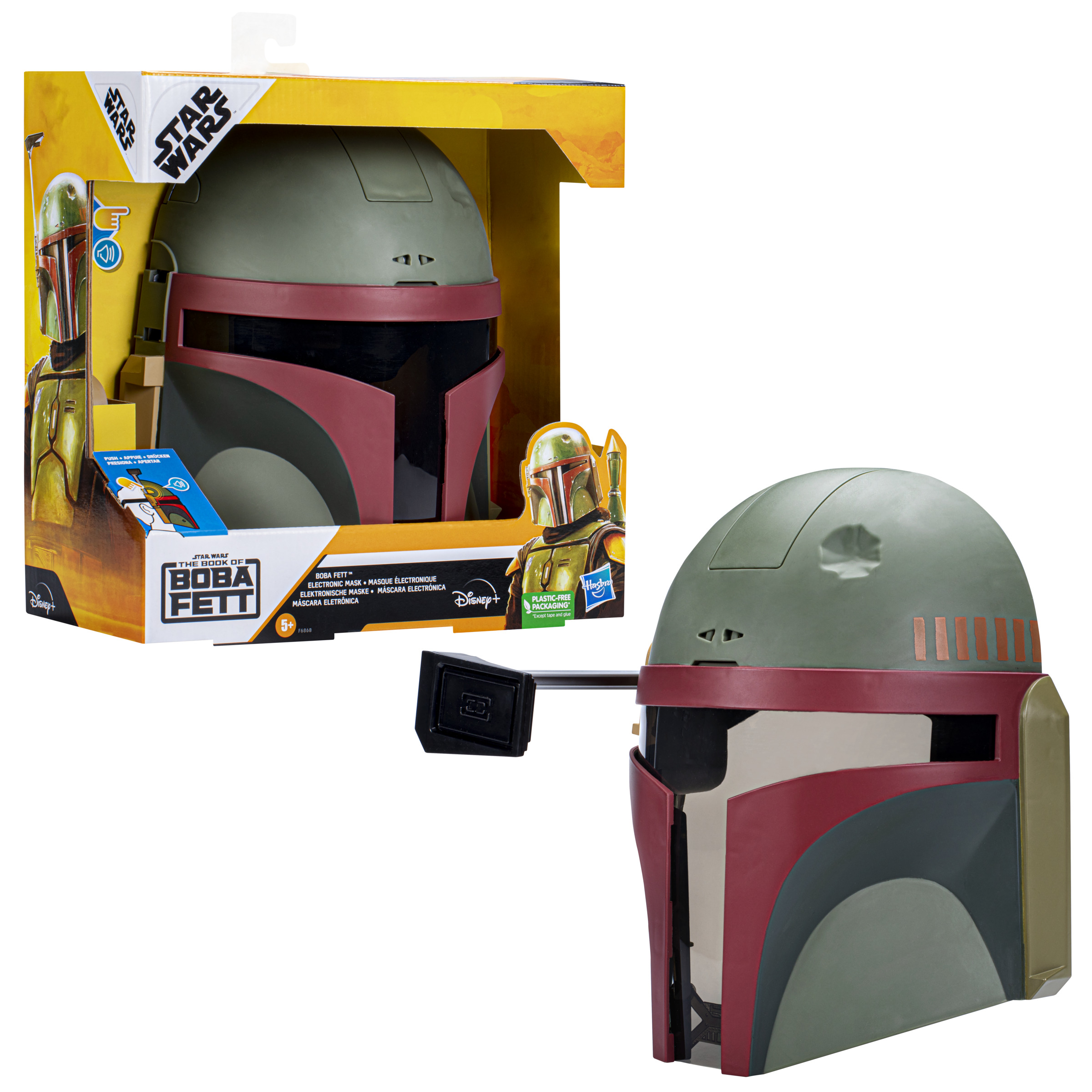 Casco de Boba Fett en caja. El casco es verde y rojo.