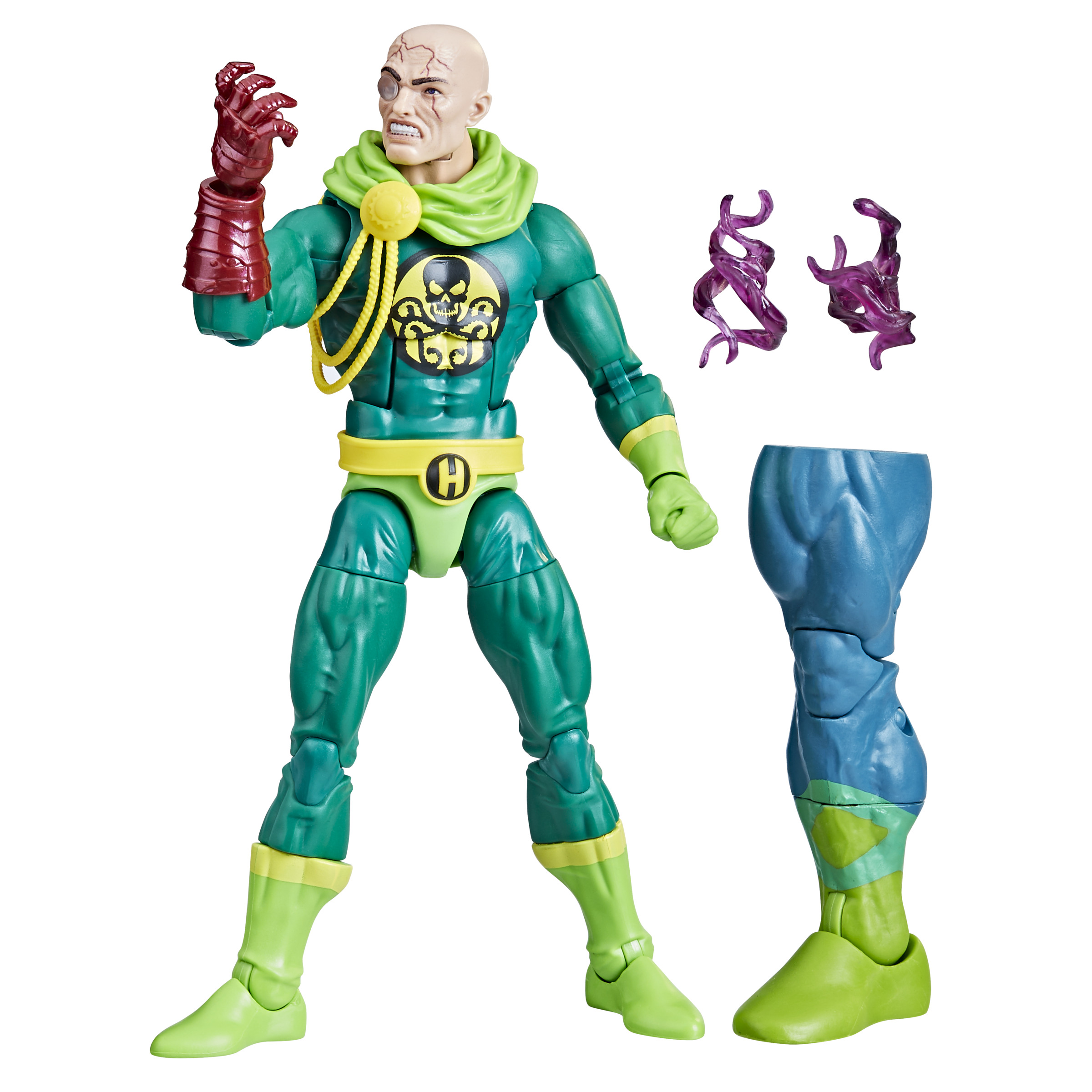Figura de villano de Marvel, cabeza calva, traje verde y amarillo. Incluye brazo alternativo y efectos de energía.