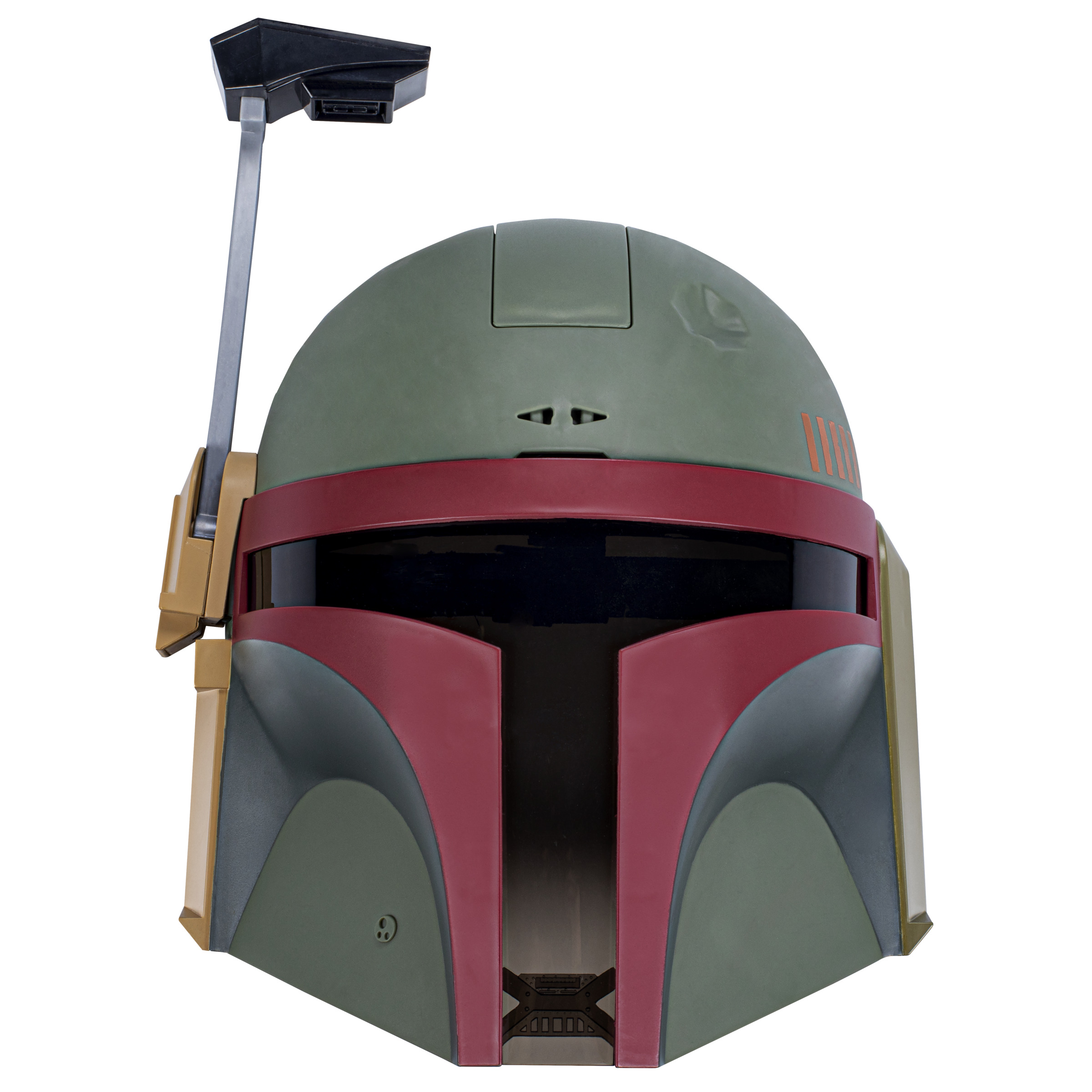 Casco de Boba Fett, verde y rojo, con visera negra y antena larga, aislado sobre blanco.