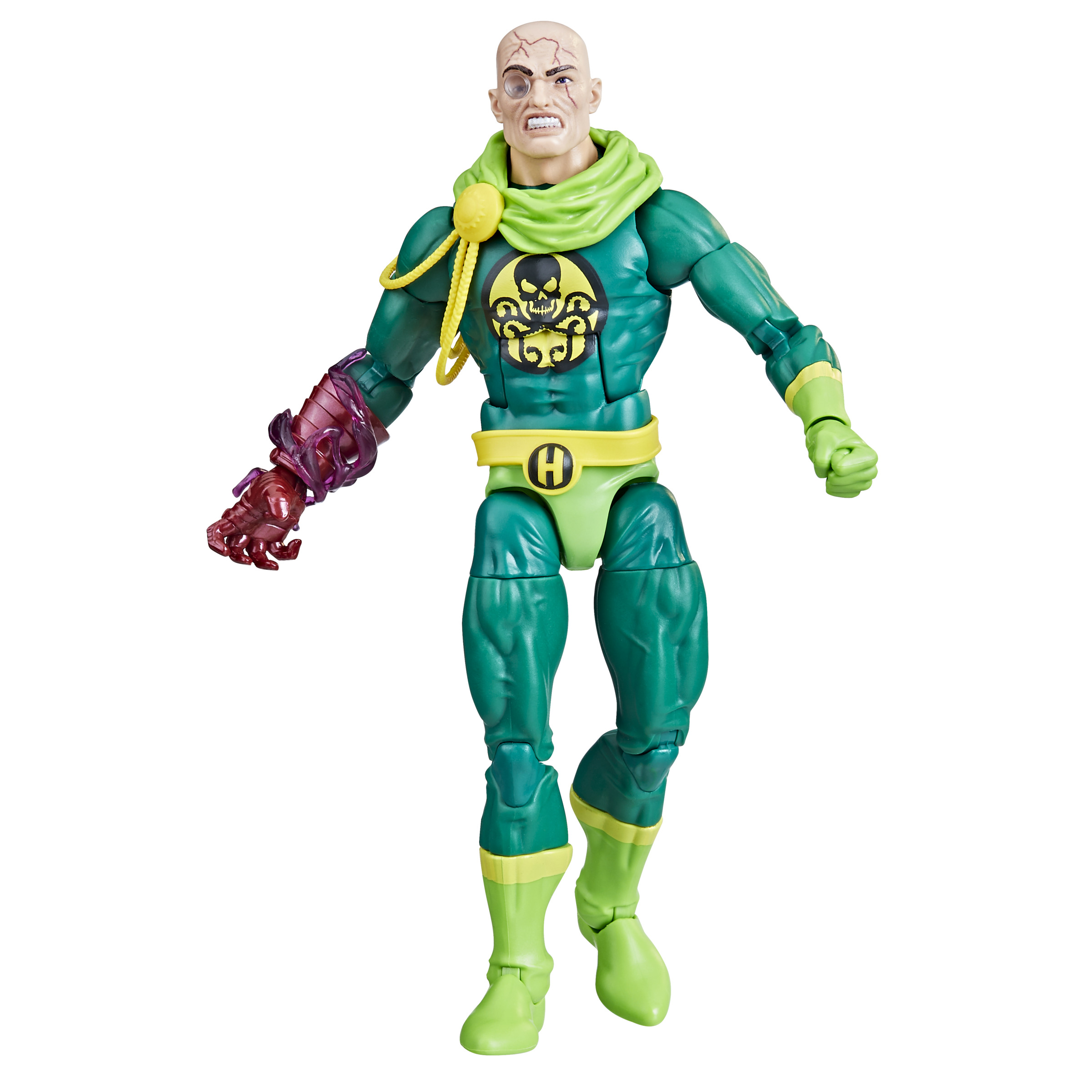 Figura de acción de un villano verde con cabeza calva, bufanda verde y brazo mecánico rojo.