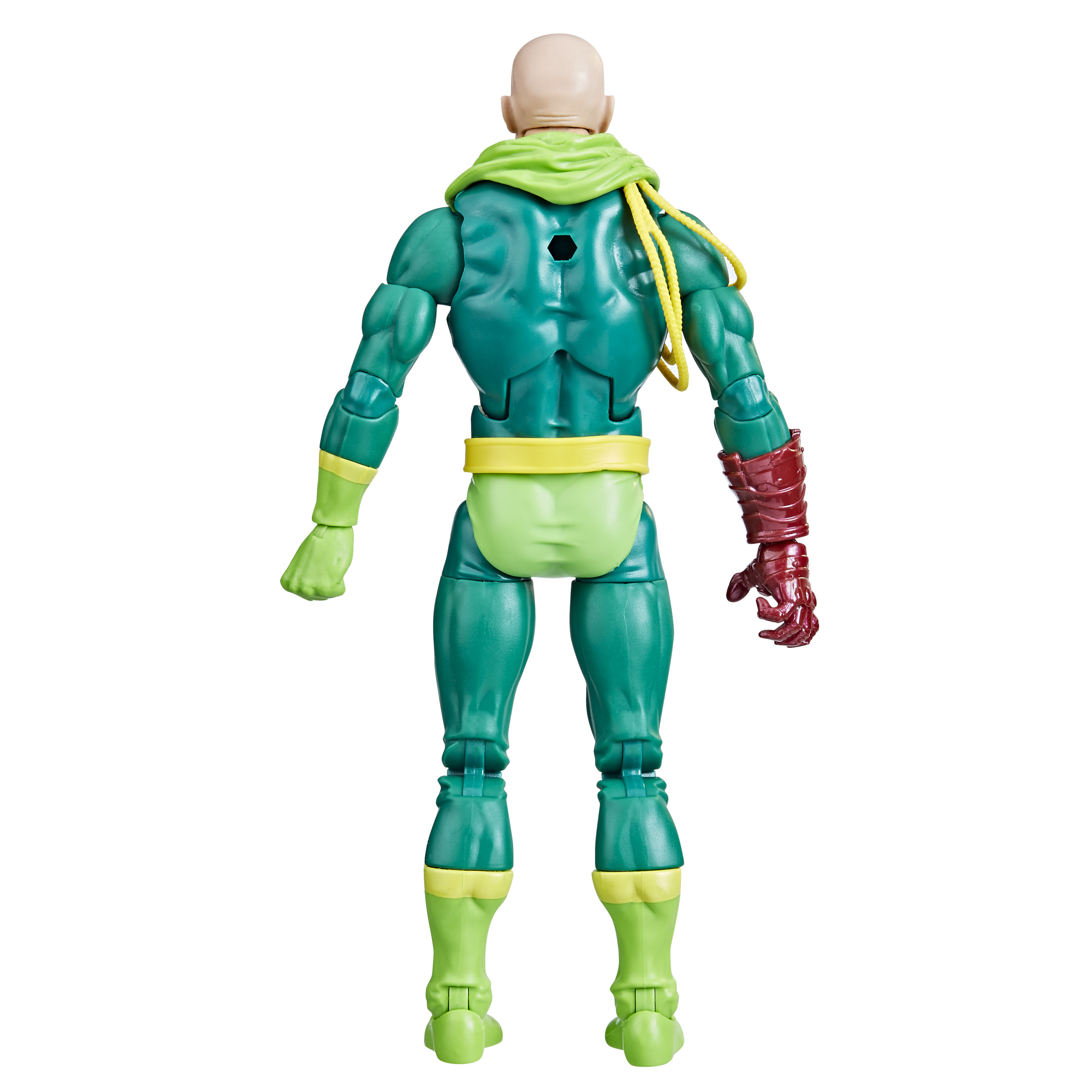 Figura de acción de un hombre calvo con traje verde, amarillo y rojo.