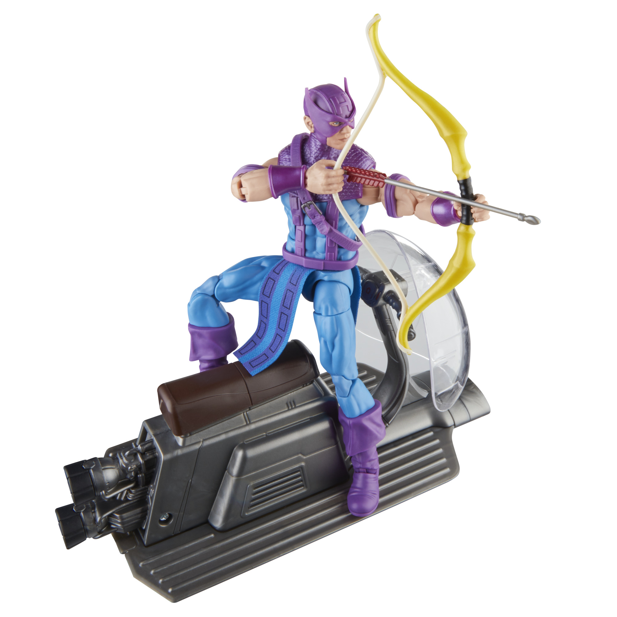 Figura de acción de Hawkeye, apuntando un arco y flecha amarillos, montando una moto futurista.