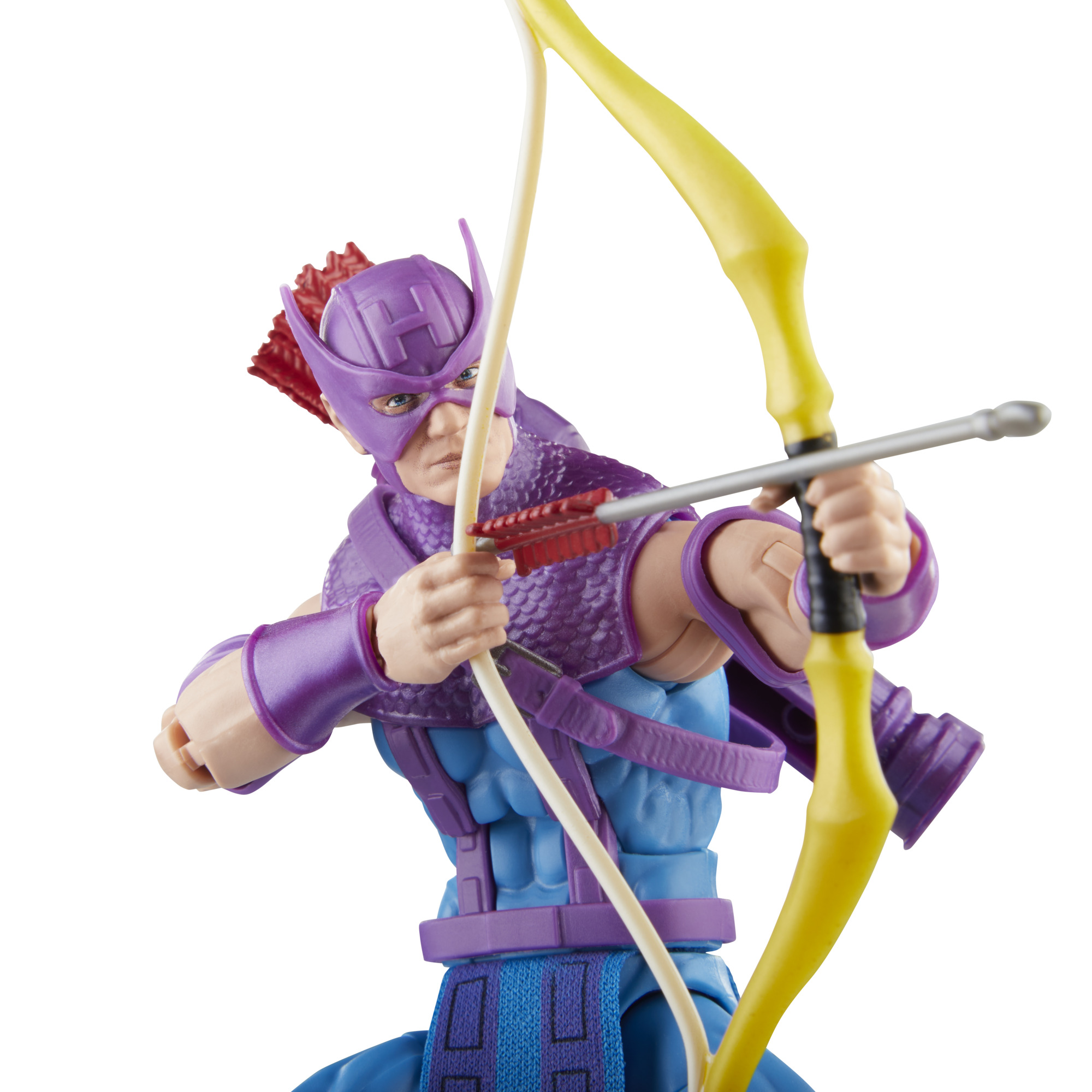 Figura de acción de Hawkeye apuntando un arco con un arco amarillo y flechas.