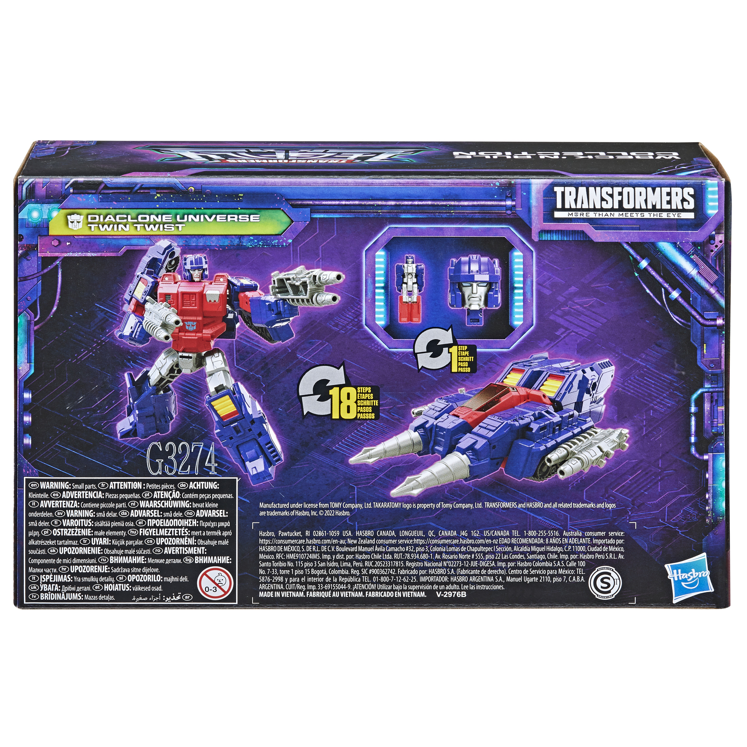Caja de juguetes Transformers con múltiples figuras, colores rojo y azul.