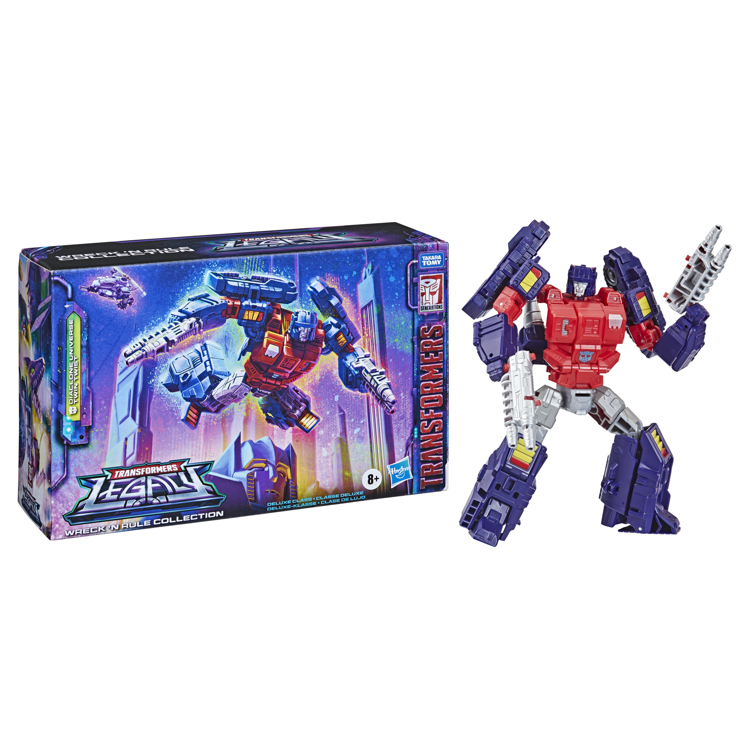 Juguete Transformers Legacy con caja sobre fondo blanco. Robot rojo y morado.