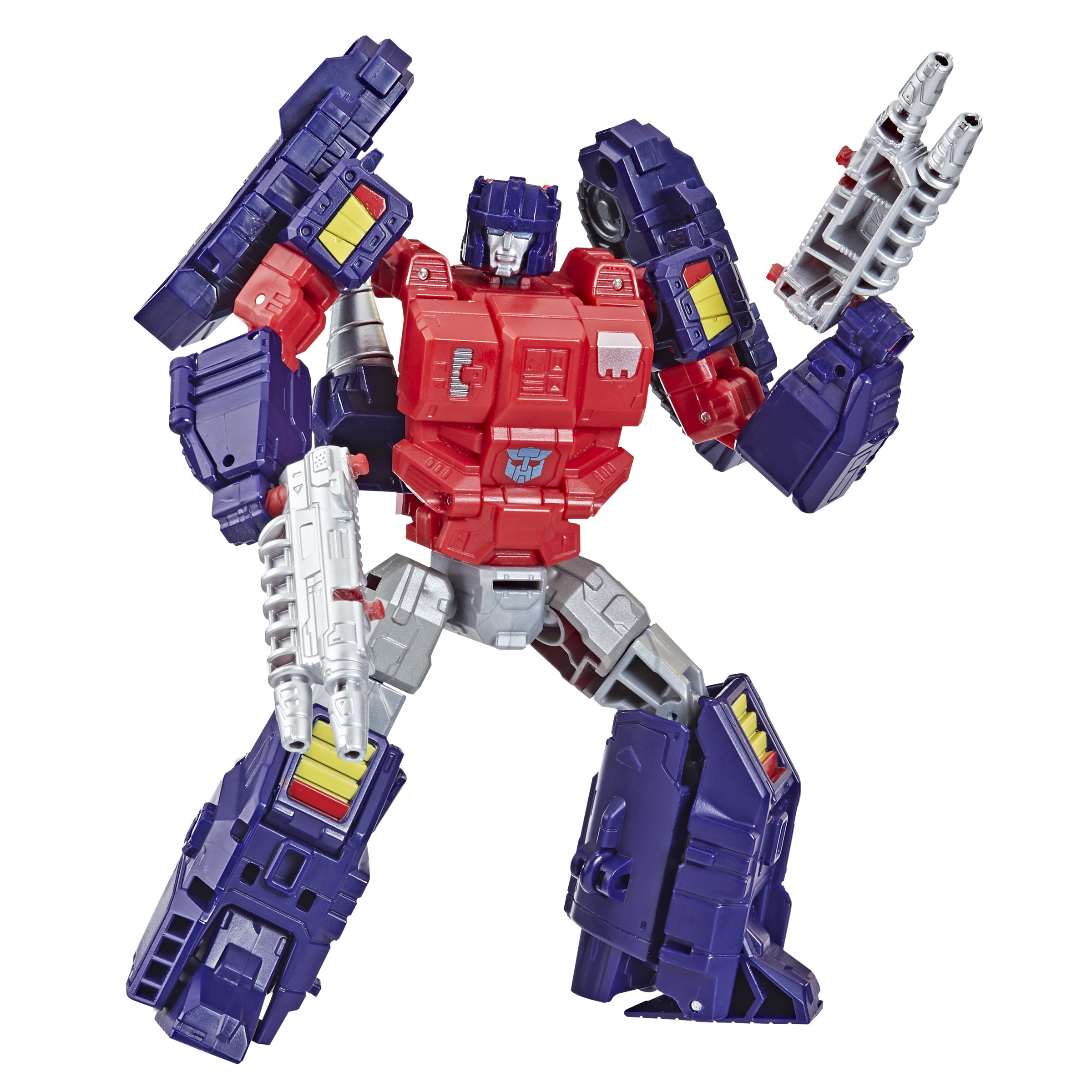 Juguete Transformer rojo y azul en pose de acción. Tiene detalles plateados y amarillos, con fondo blanco.