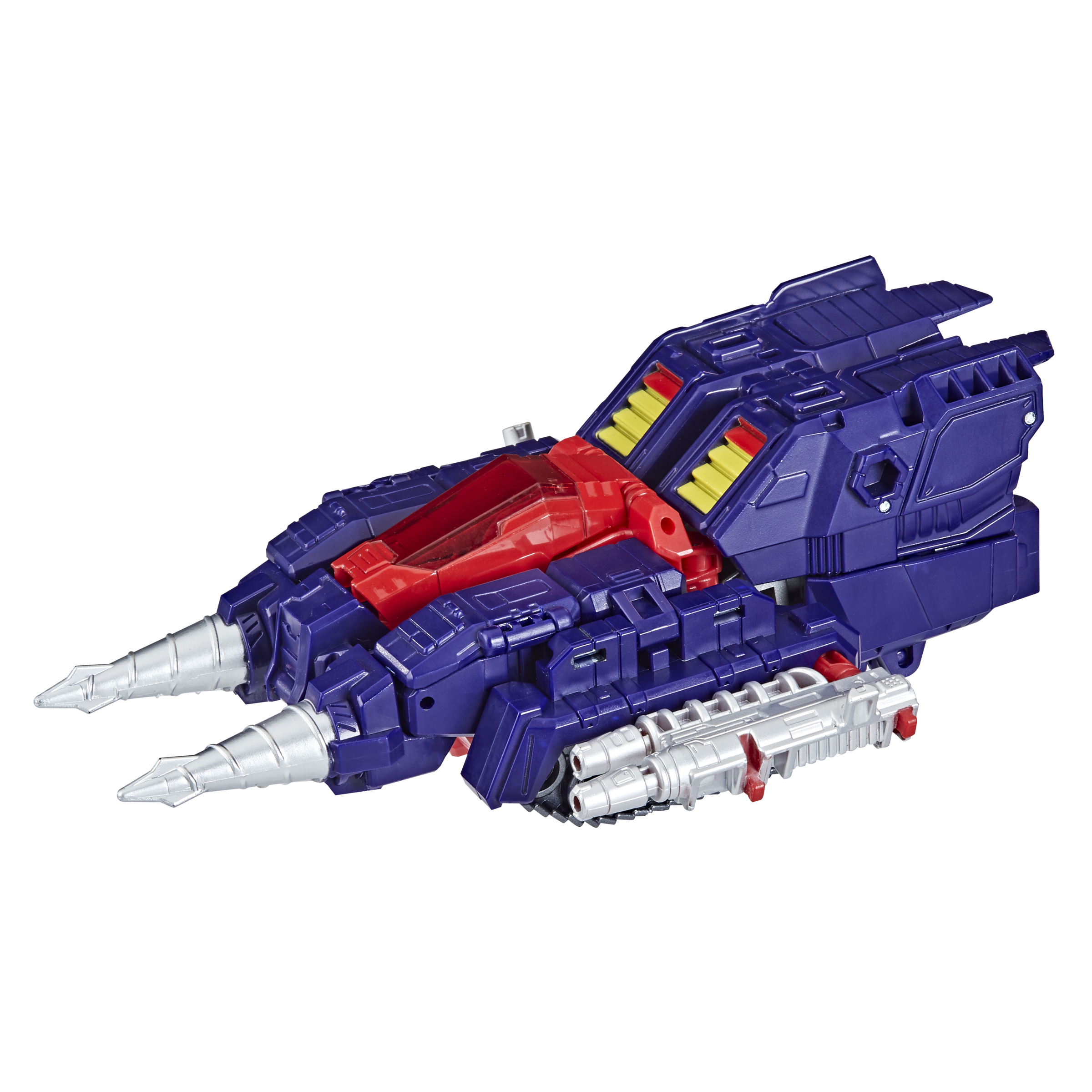 Una nave espacial de juguete azul y morada con detalles rojos, dos elementos tipo taladro.