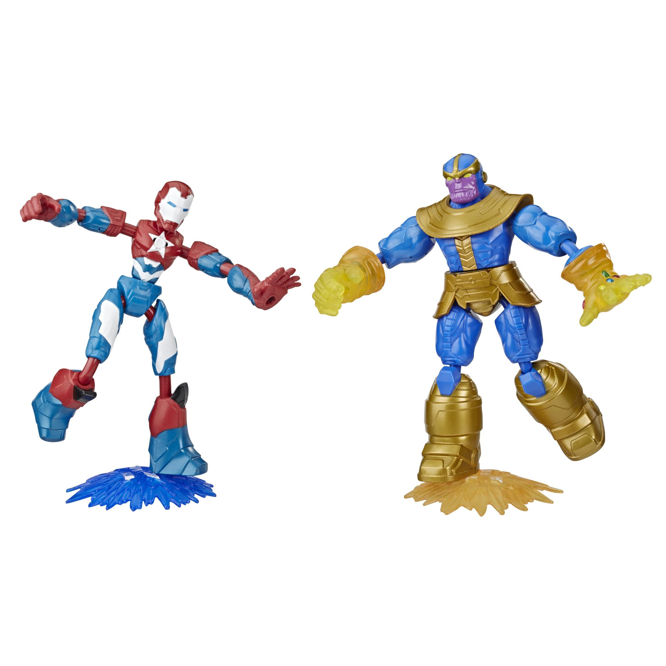Figuras de acción de Iron Man y Thanos, Iron Man en rojo/azul, Thanos en azul/oro, sobre fondo blanco.