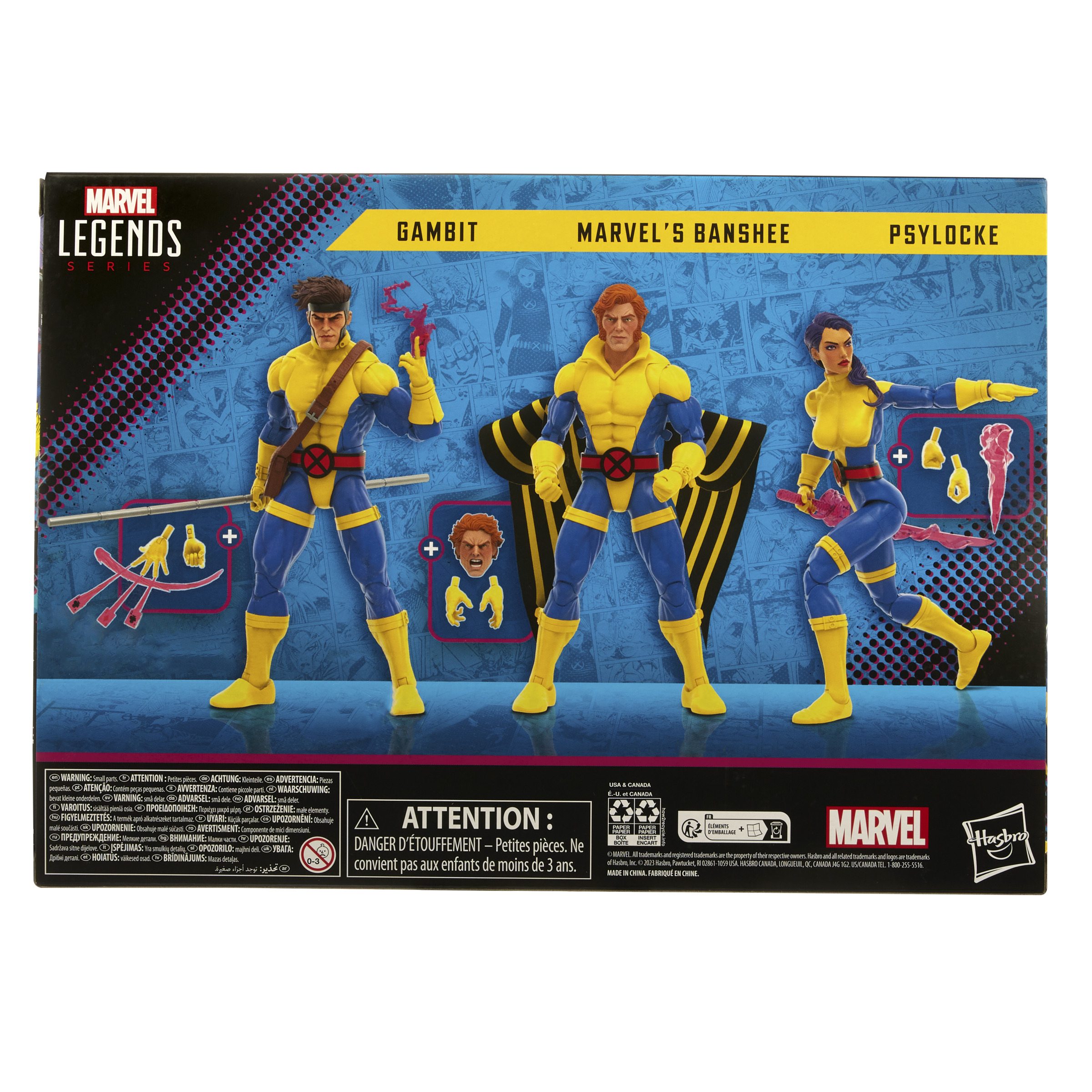 Set de caja Marvel Legends con figuras de Gambit, Banshee y Psylocke. Trajes amarillos y azules.