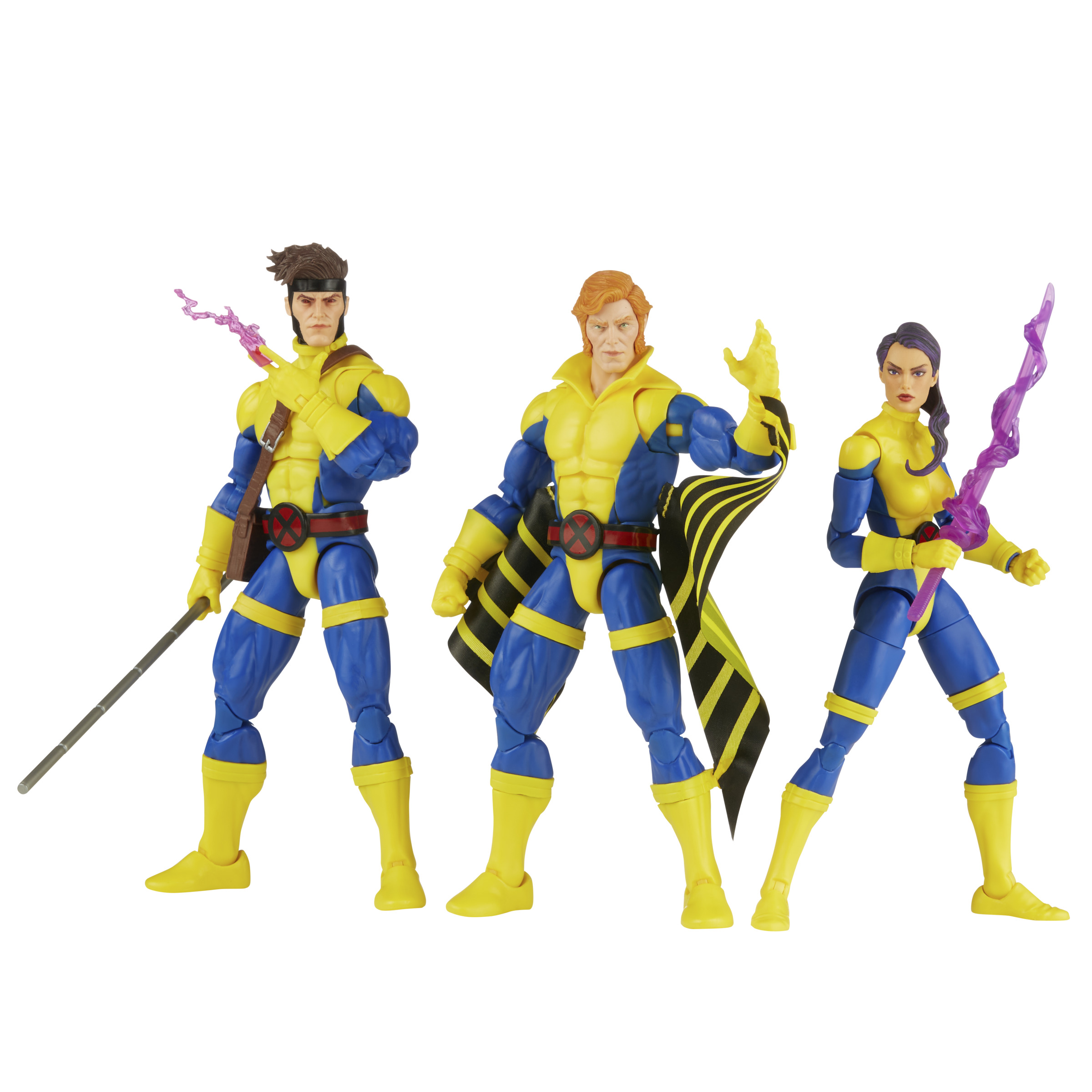 Tres figuras de acción de X-Men. Trajes amarillos y azules. Uno sostiene un bastón, otro una capa y otro un efecto de energía púrpura.