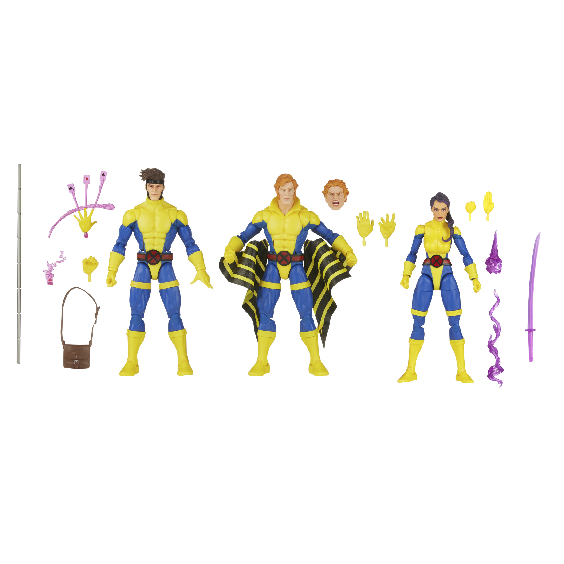 Tres figuras de X-Men con accesorios sobre blanco. Incluye trajes amarillos y azules, cabezas alternativas.