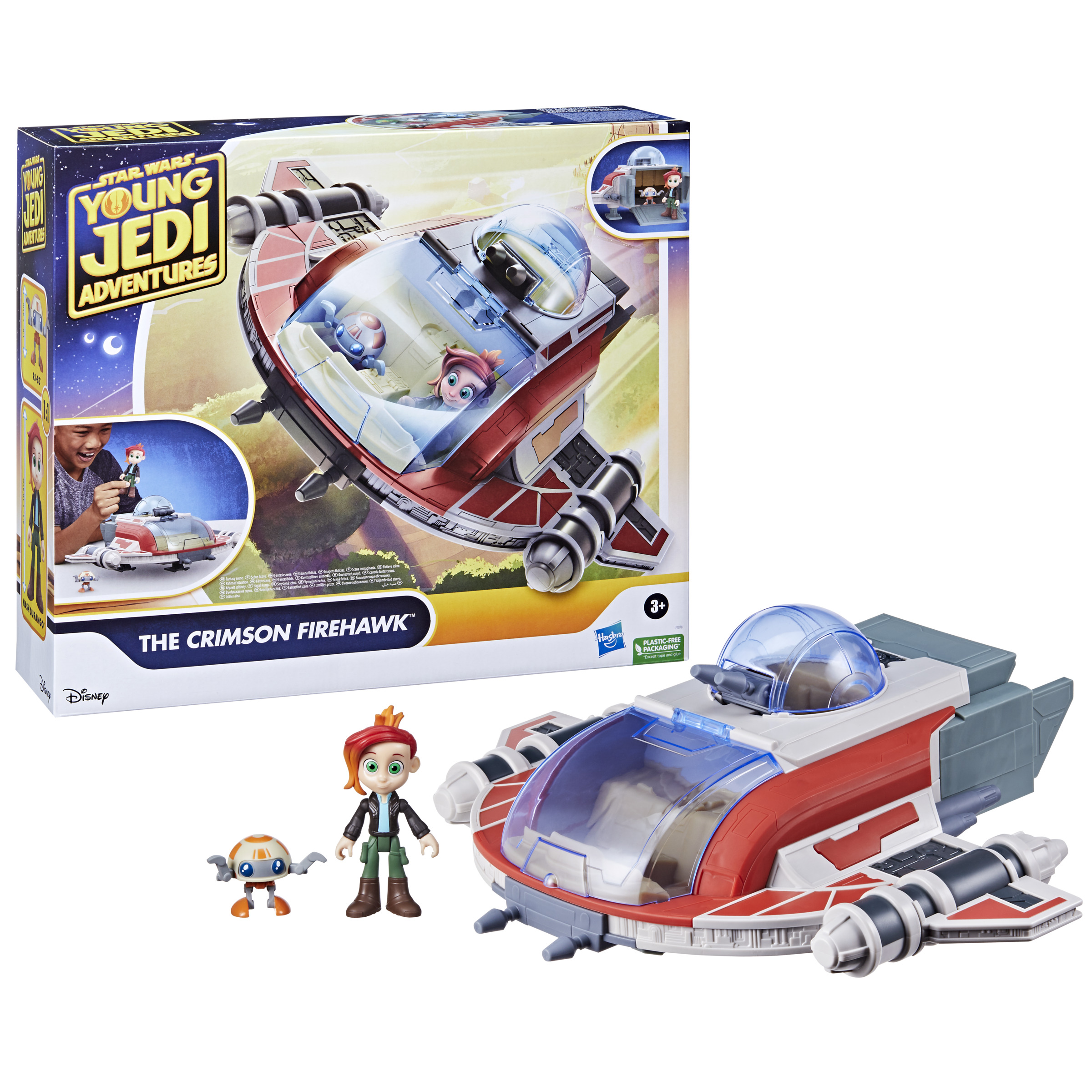 Juego de juguetes Young Jedi Adventures con nave y figuras. Nave roja y blanca, cielo azul.