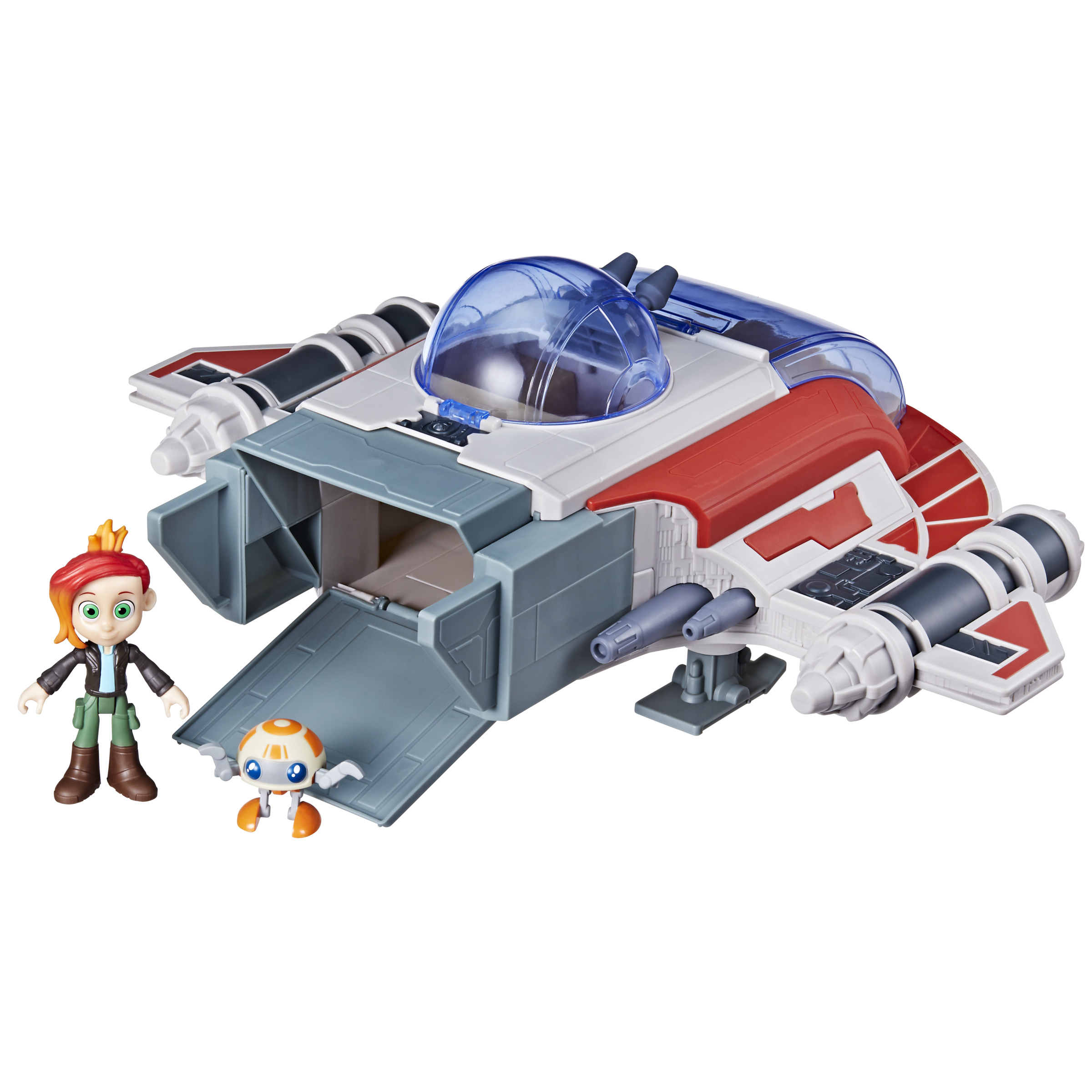 Una nave espacial de juguete con un esquema de color rojo y blanco, con dos figuras de juguete. La nave tiene una cúpula transparente.