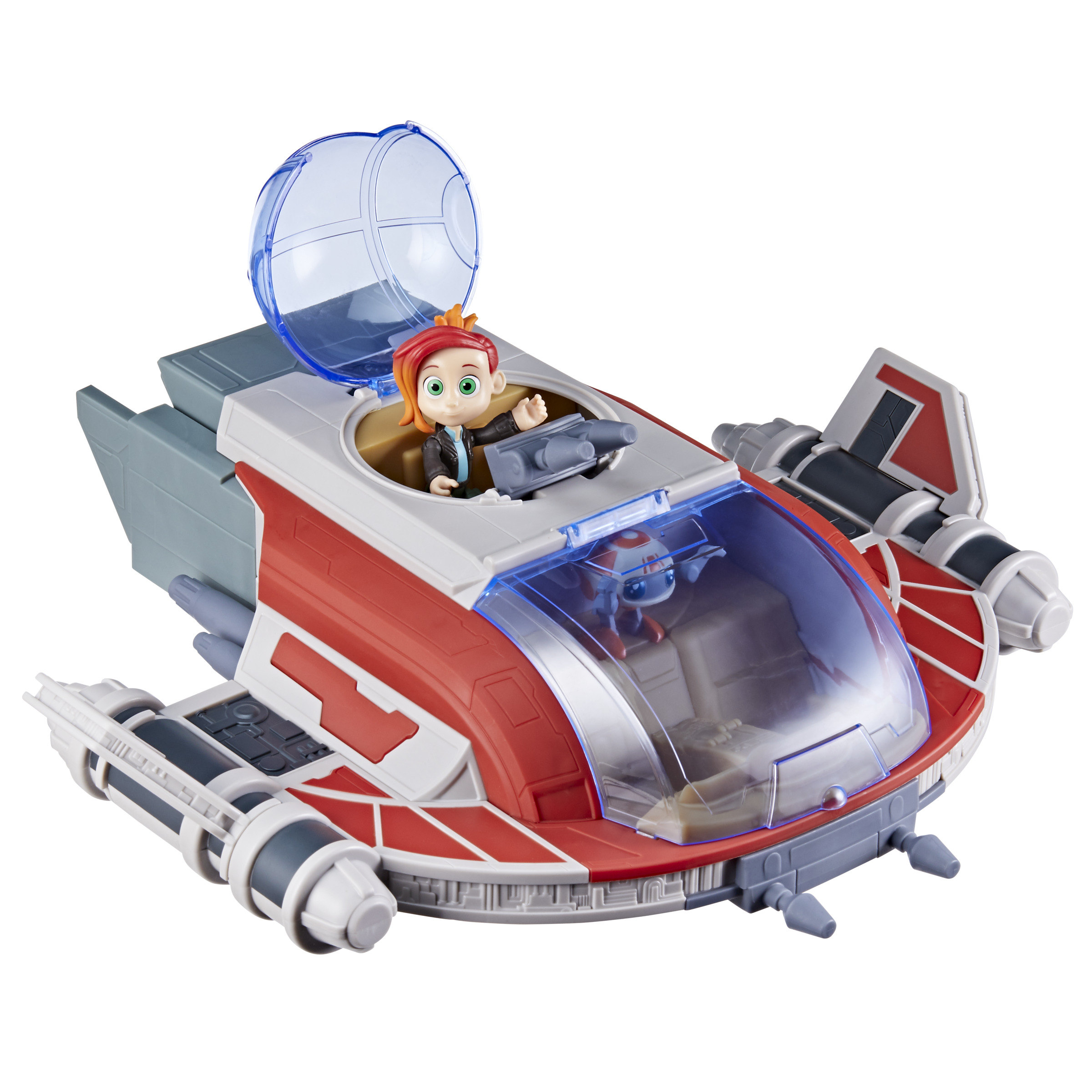 Una nave espacial de juguete con un piloto en la cabina. Cuerpo rojo y blanco, toldo azul, fondo blanco.